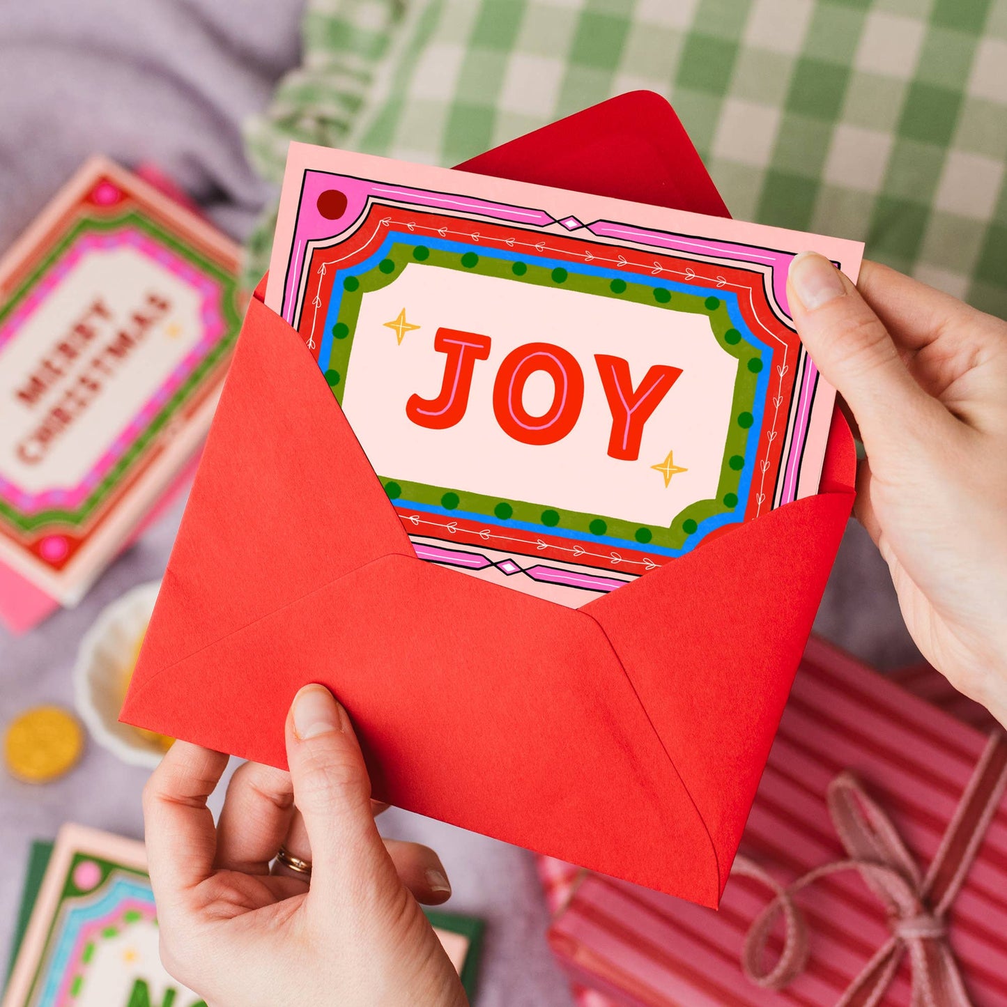 "Joy" Christmas Card | Colourful Frame Illustration