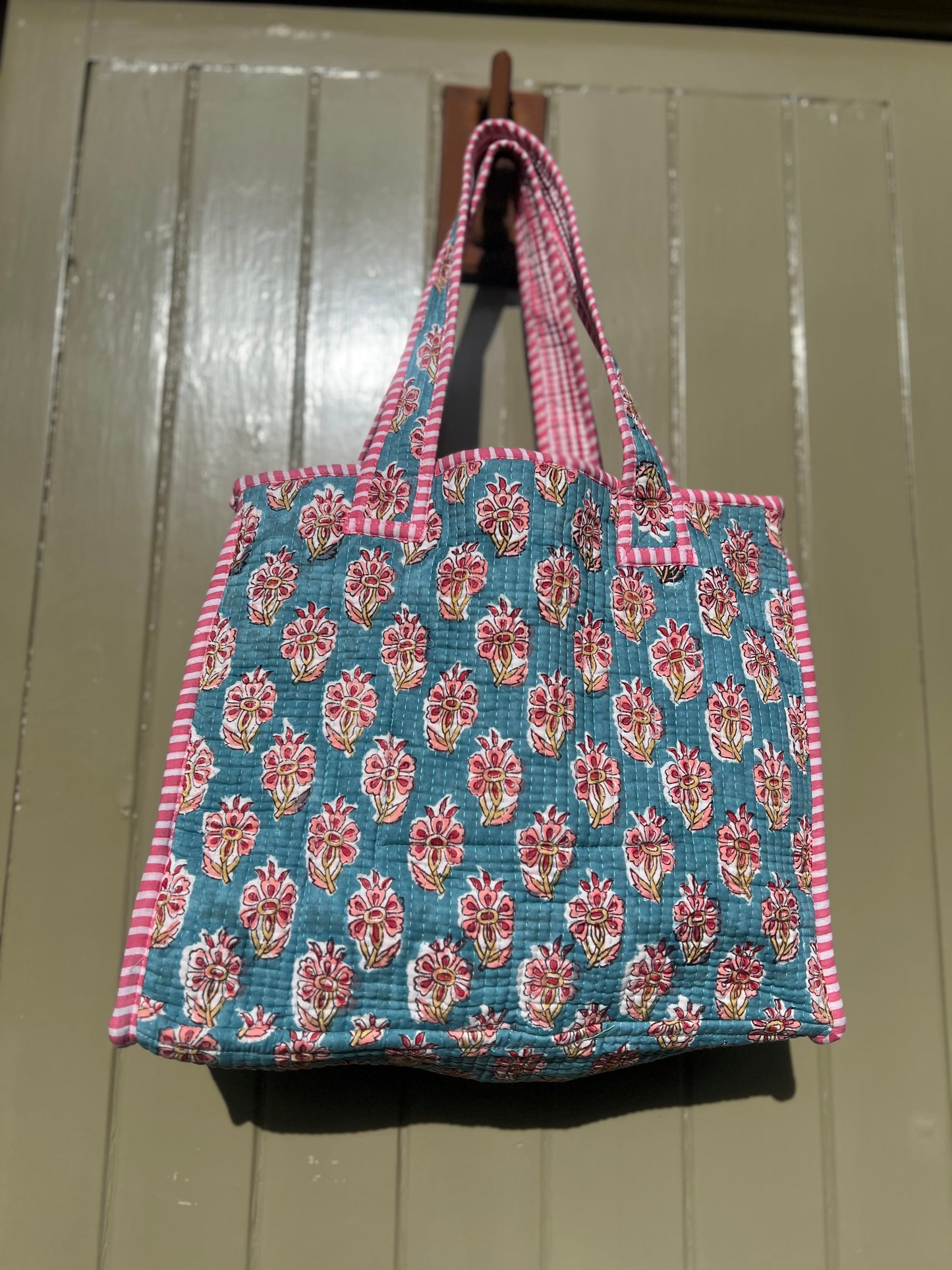 Aqua Blue with flowers block print tote bag