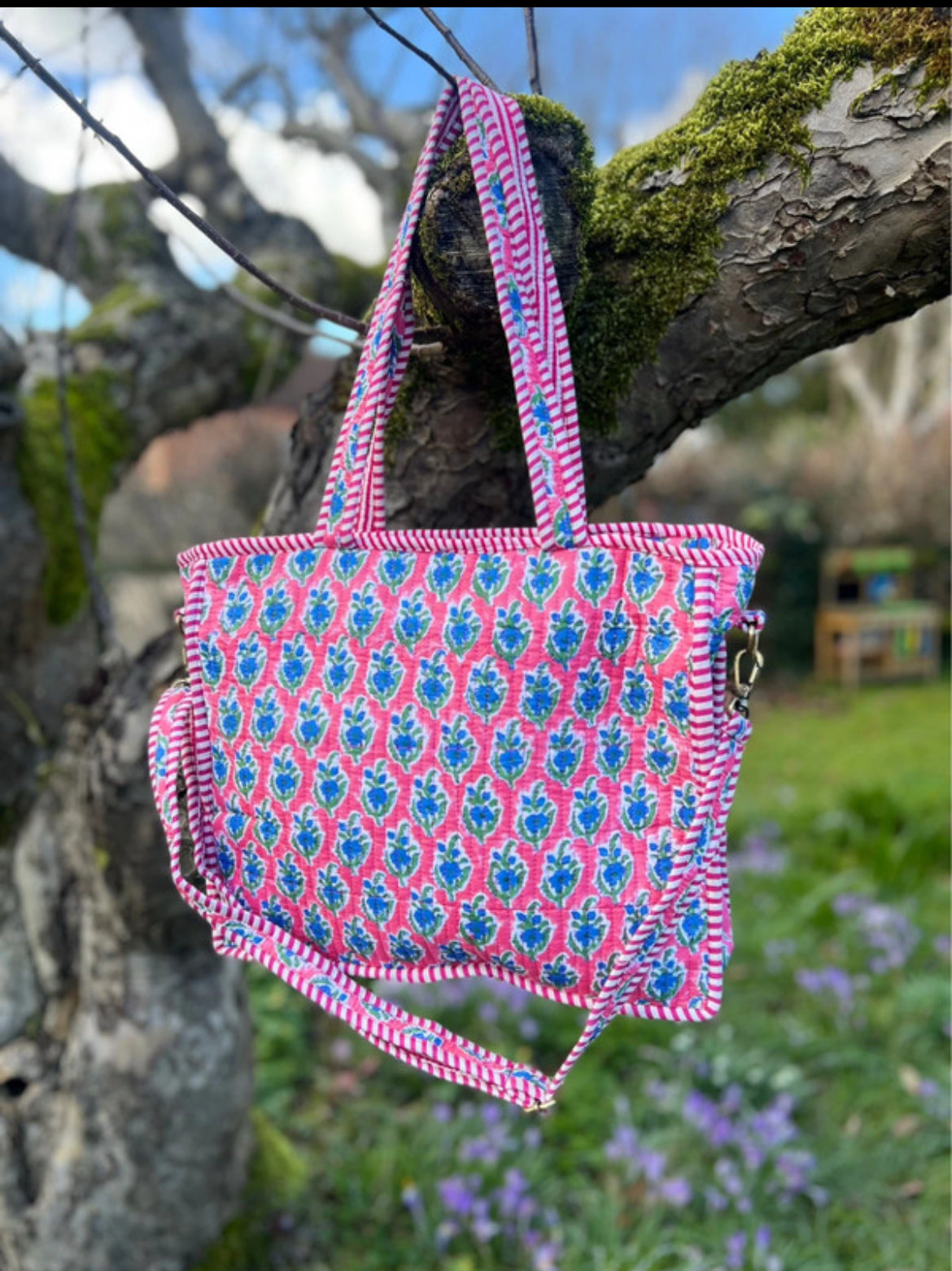 Pink Blockprint Tote with detachable Should Straps