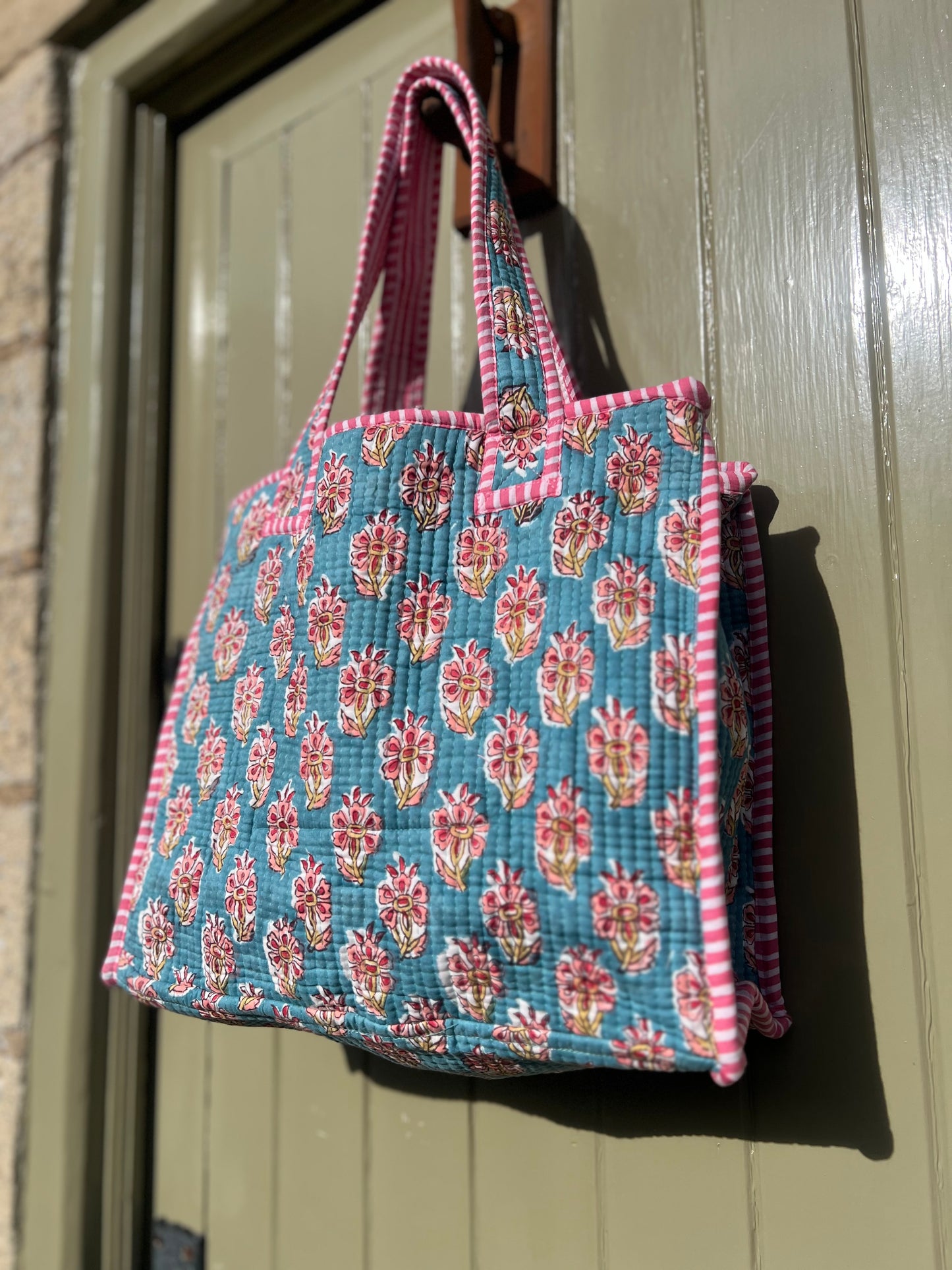 Aqua Blue with flowers block print tote bag