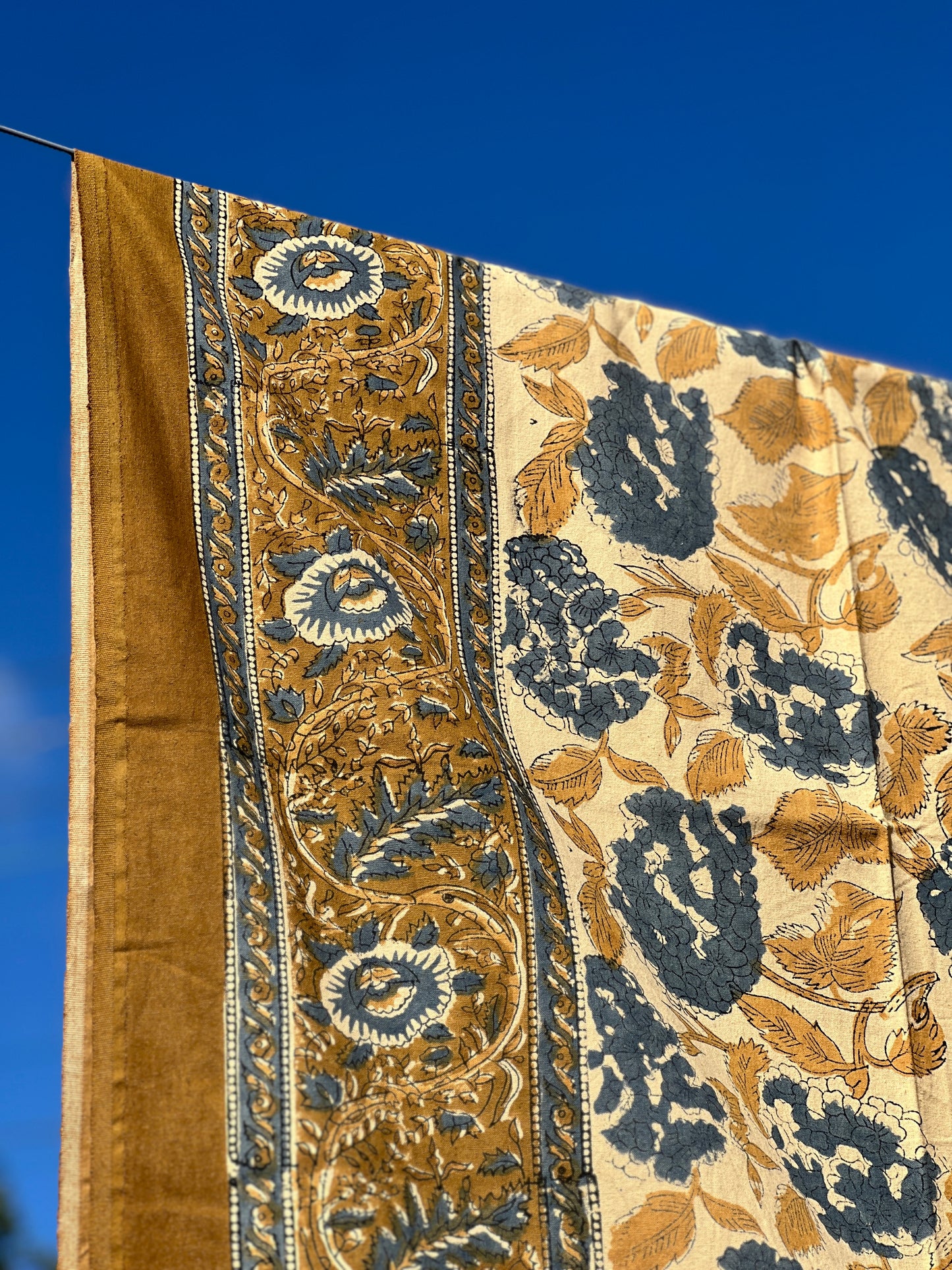 Turmeric and Navy Hydrangea Block-print Table Cloth