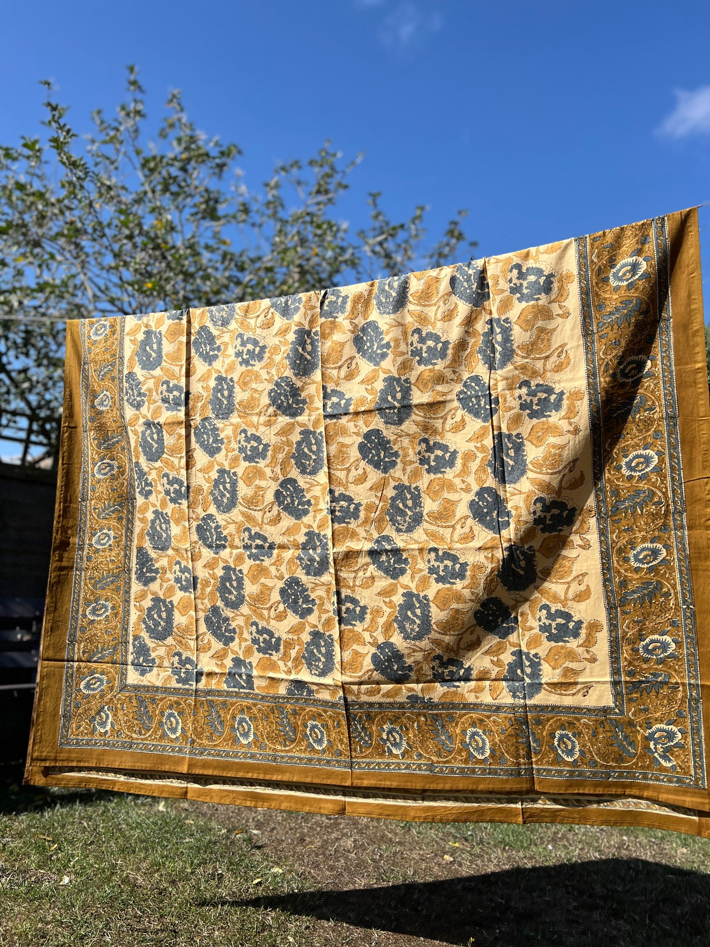 Turmeric and Navy Hydrangea Block-print Table Cloth
