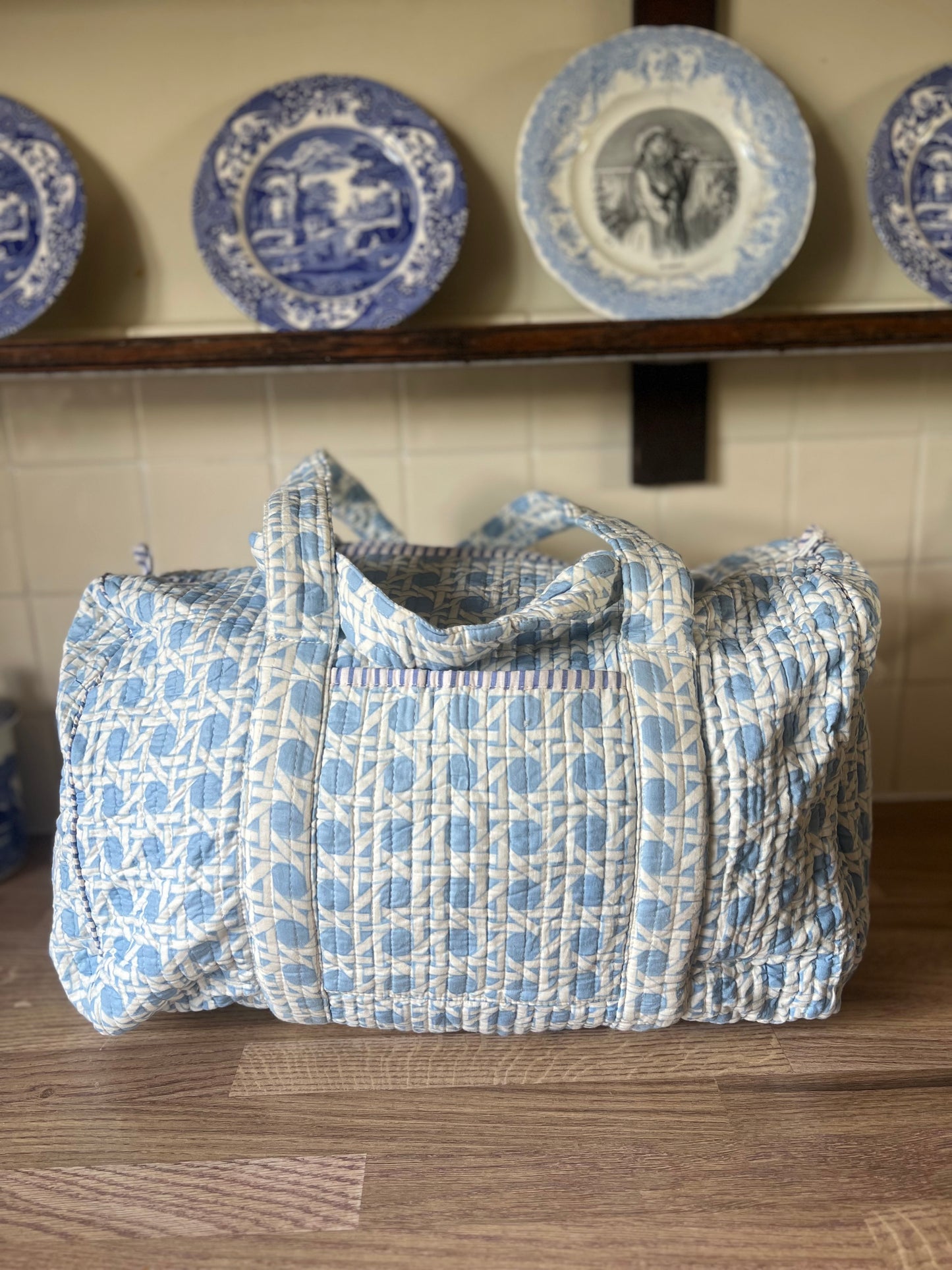 Blue Woven Blockprint Weekend Bag