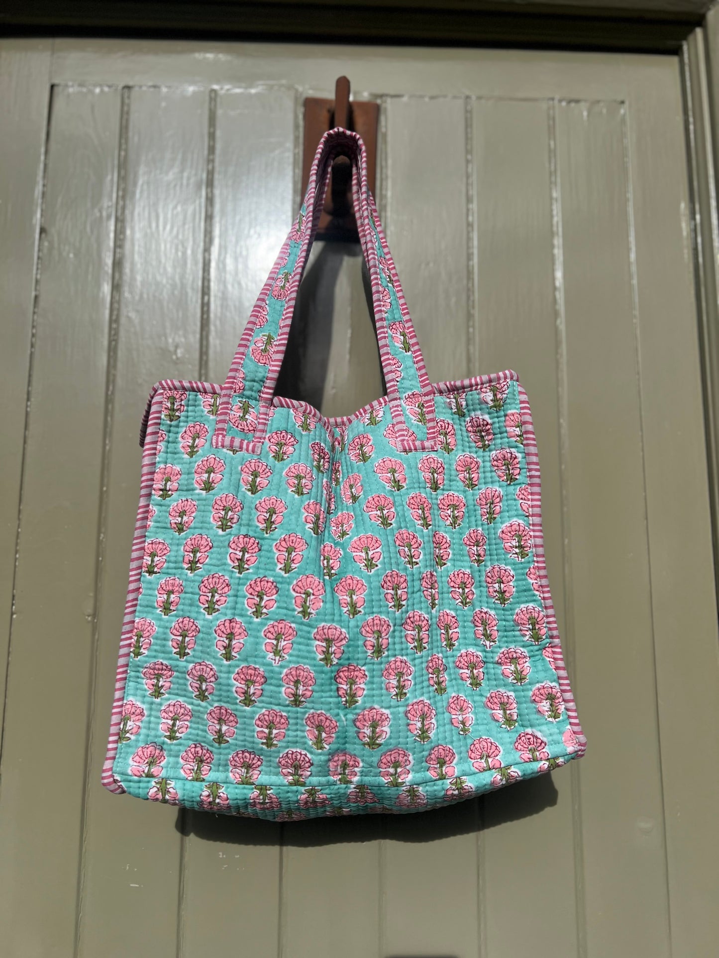 Turquoise with Pink Flowers Block Print Tote Bag