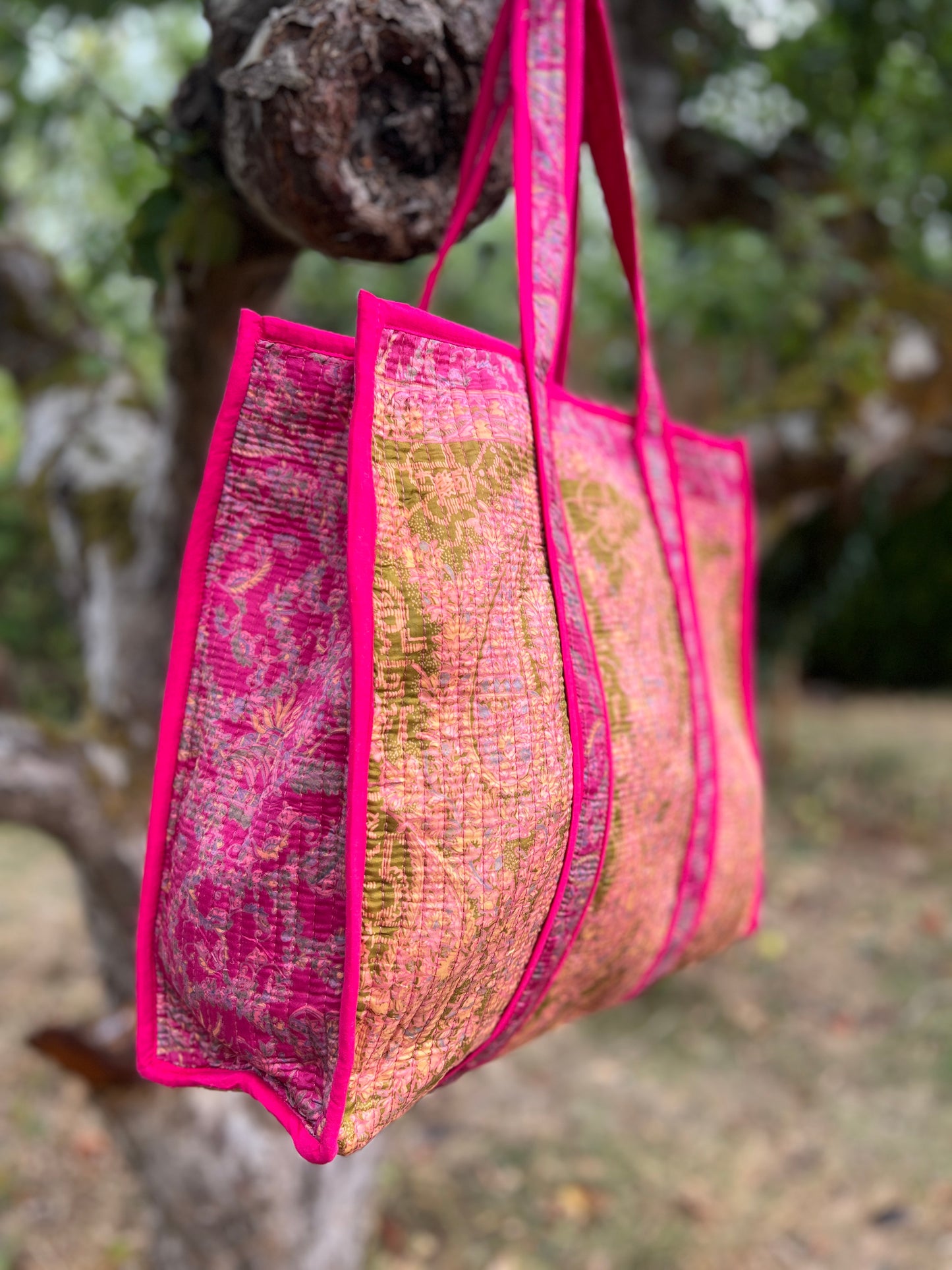 Pink and Green Silk Sari Tote