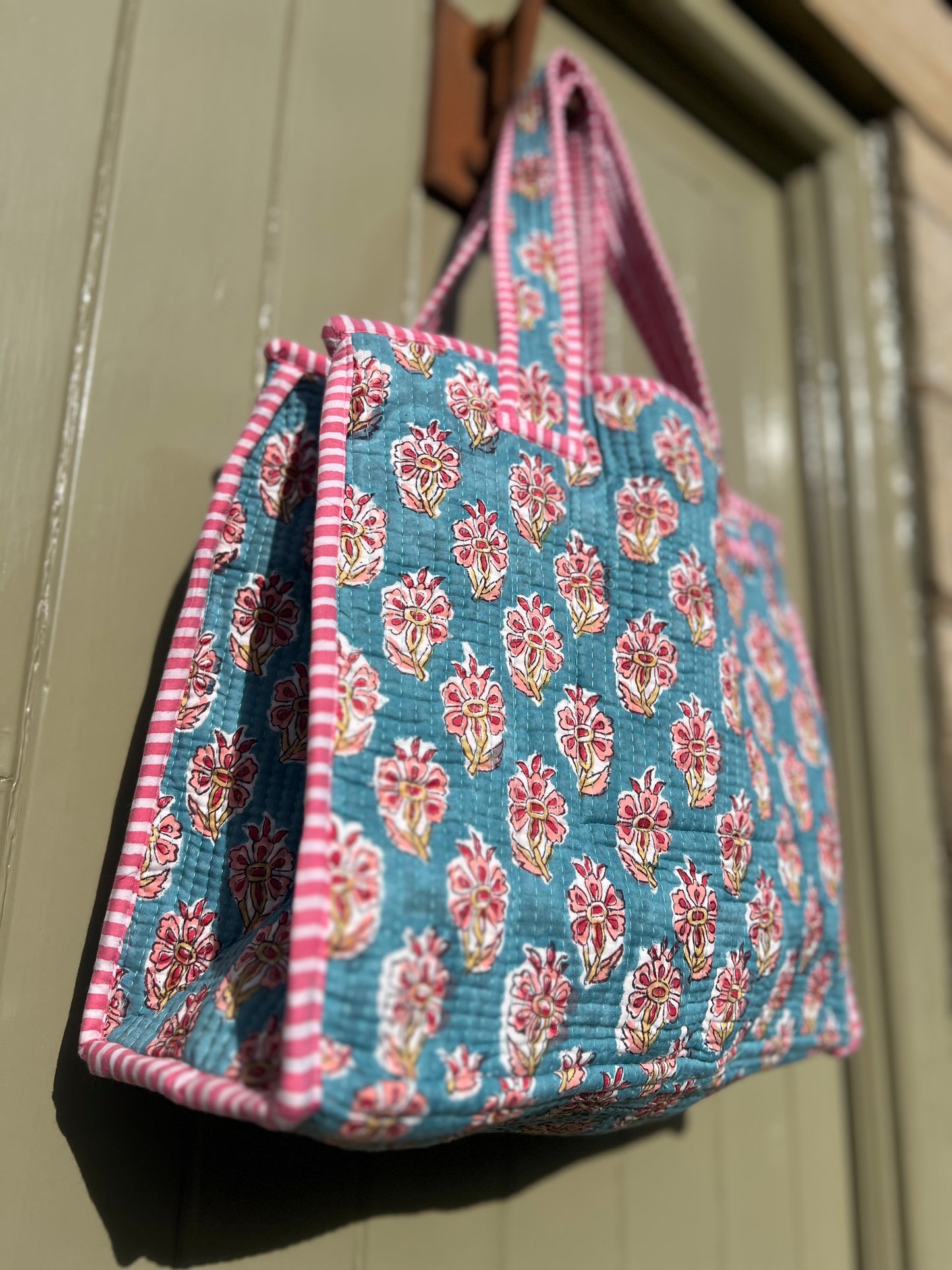 Aqua Blue with flowers block print tote bag