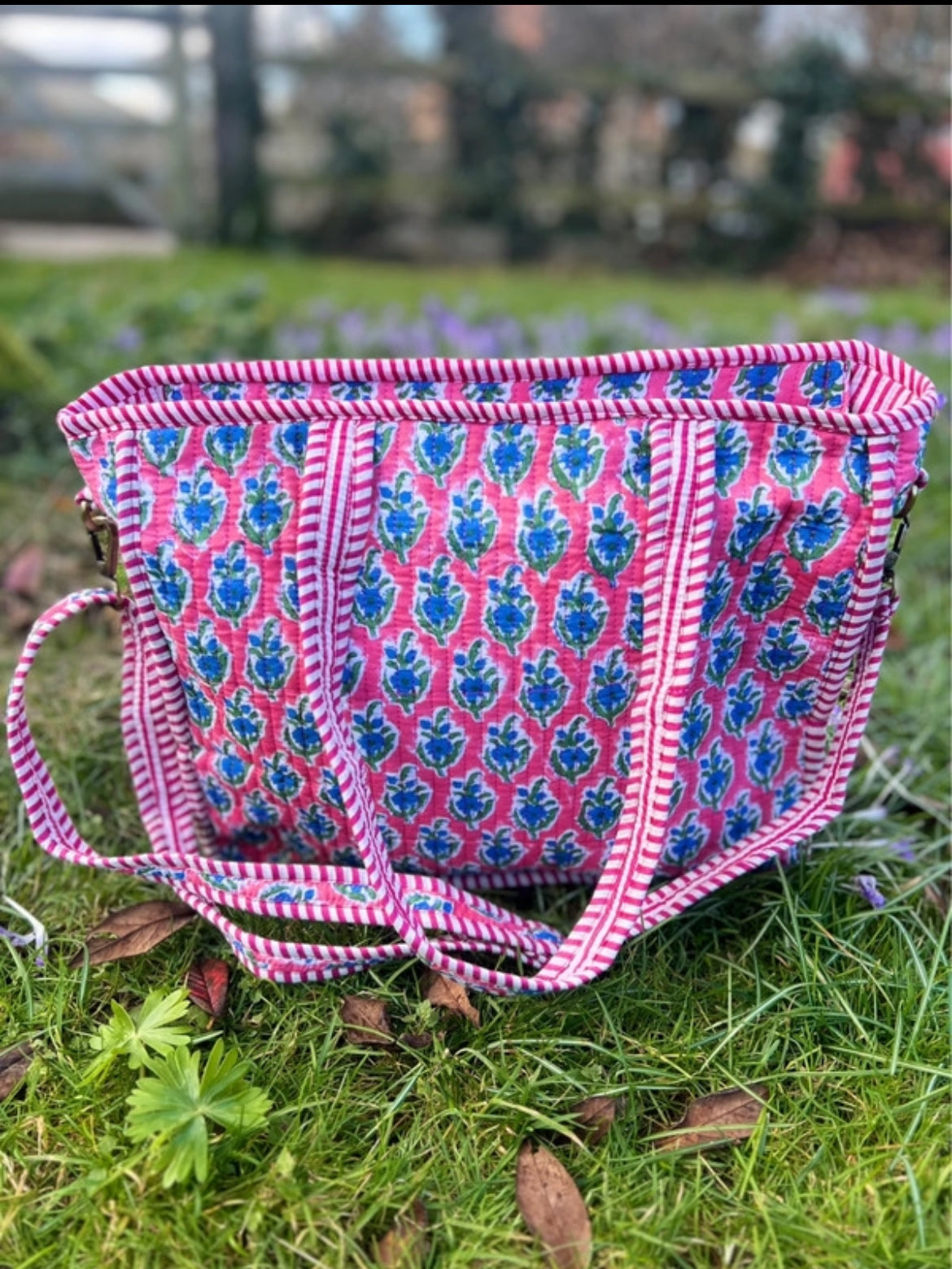 Pink Blockprint Tote with detachable Should Straps