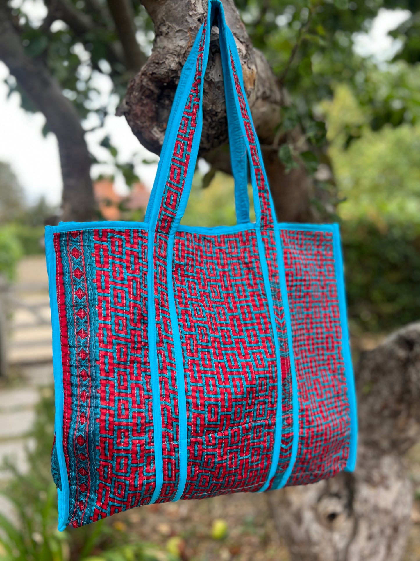 Geometric Red & Blue Silk Sari Tote