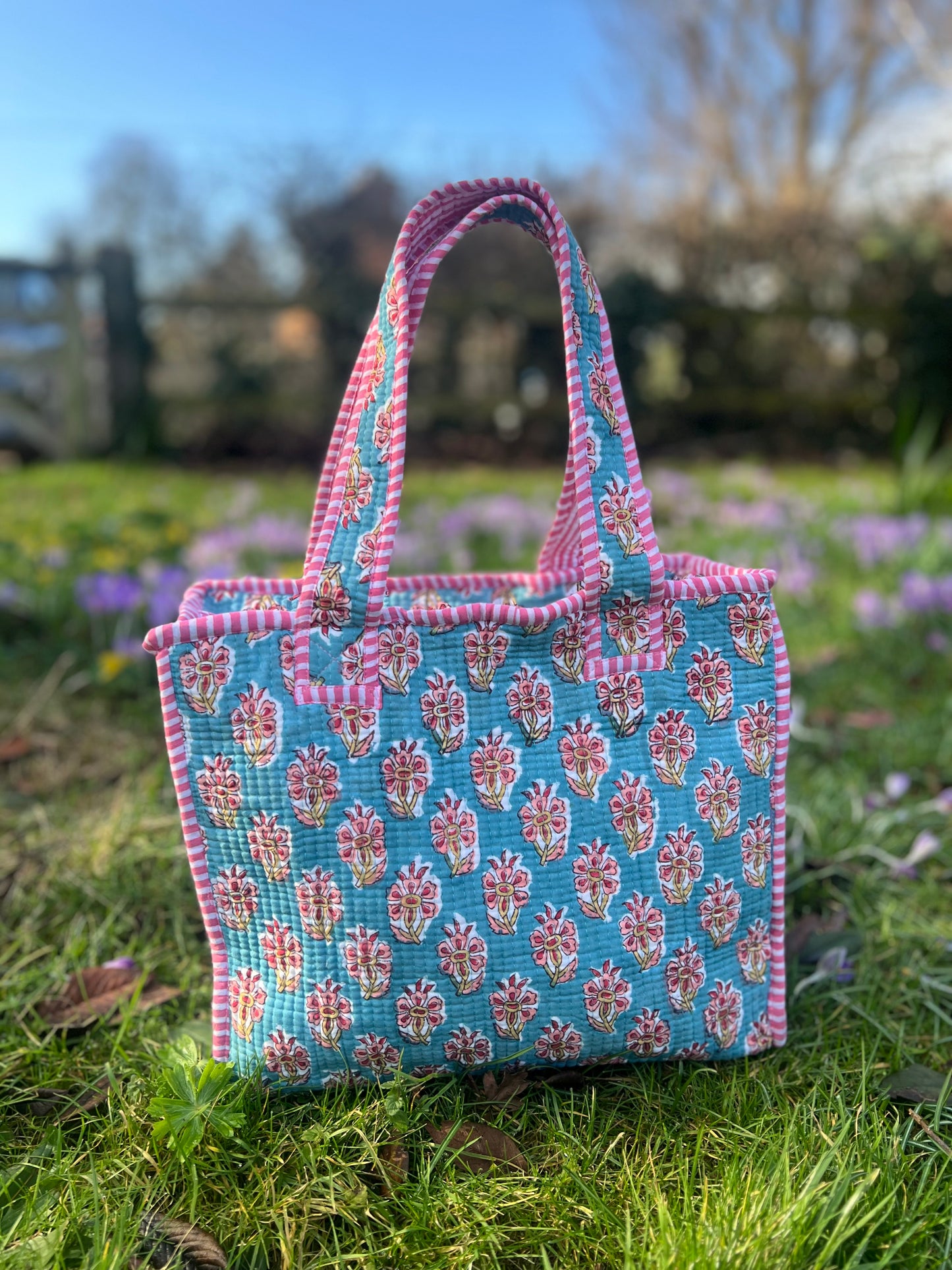 Aqua Blue with flowers block print tote bag