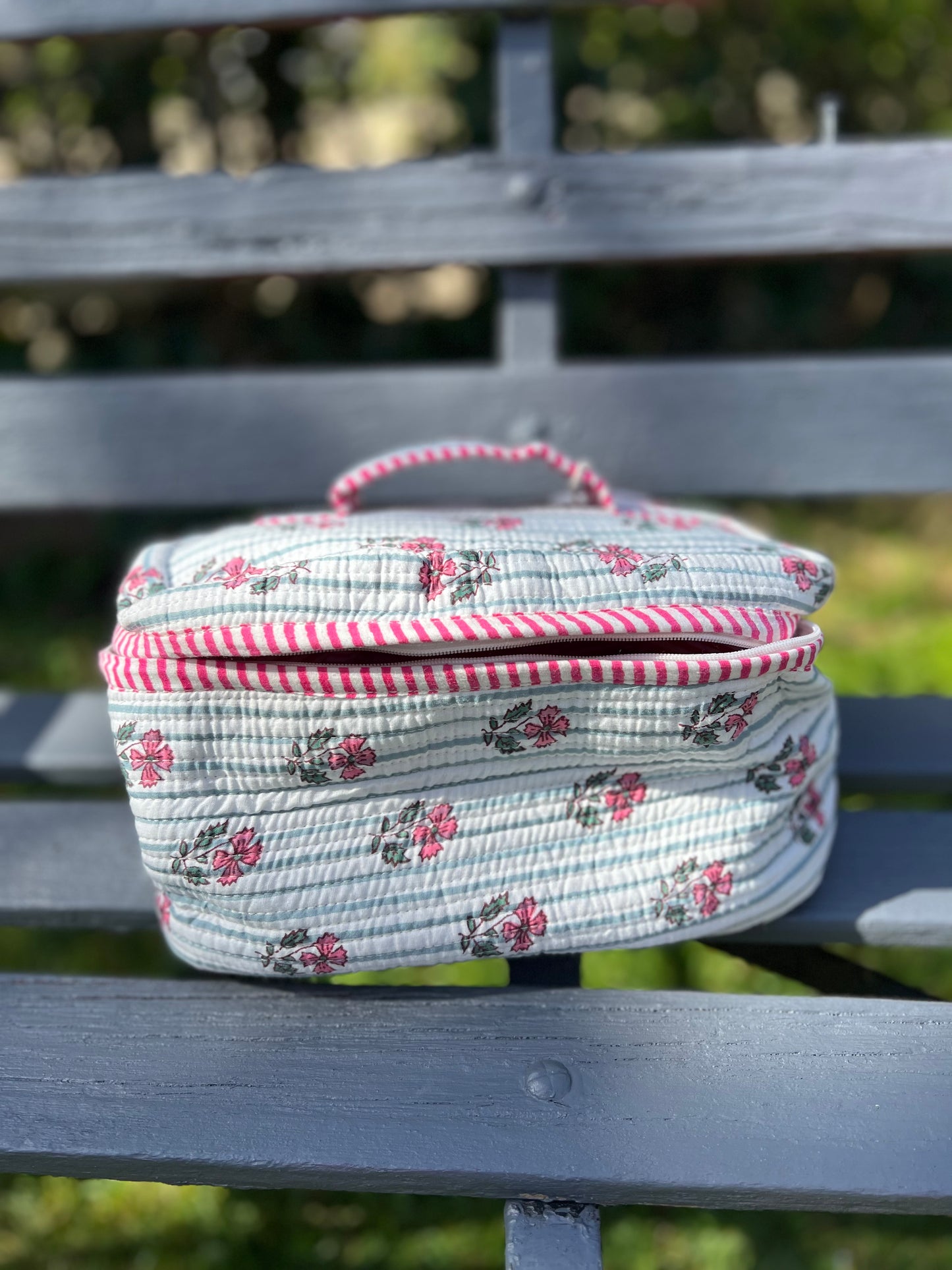 Pink and Blue Stripe Block Print Makeup Case