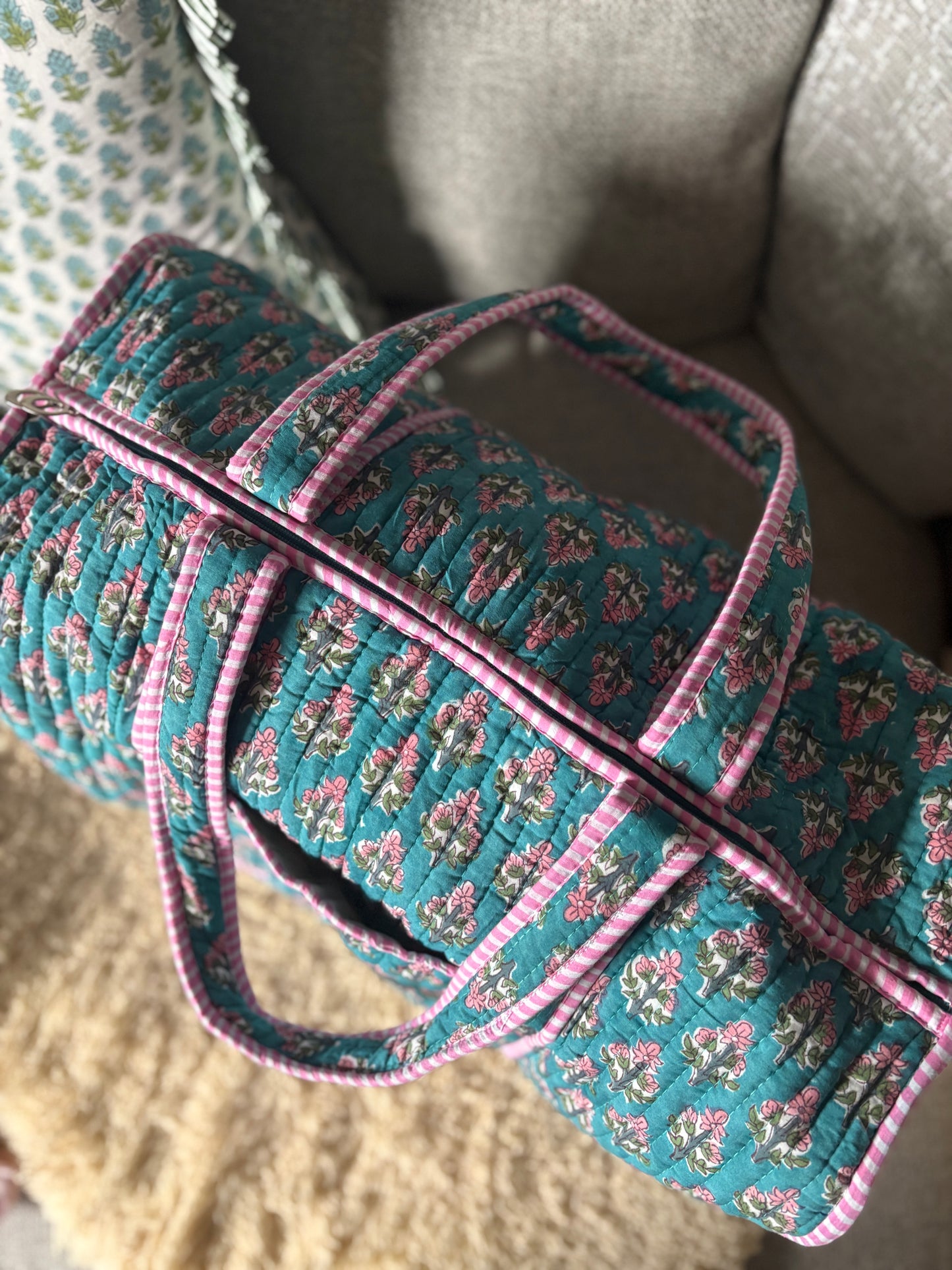 Summer Teal Weekend Blockprint Bag