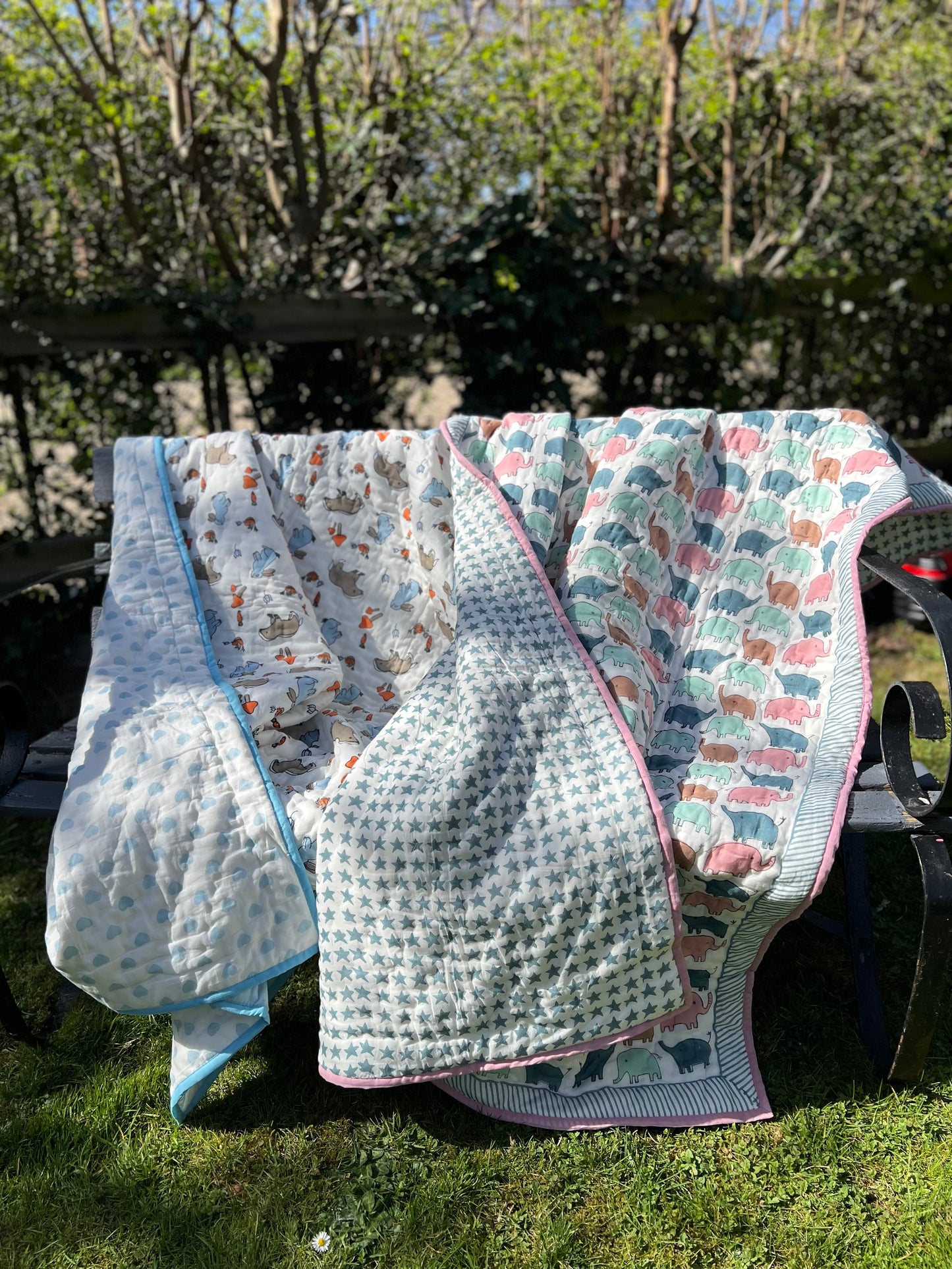 Elephants and Stars blockprint Childs Quilt