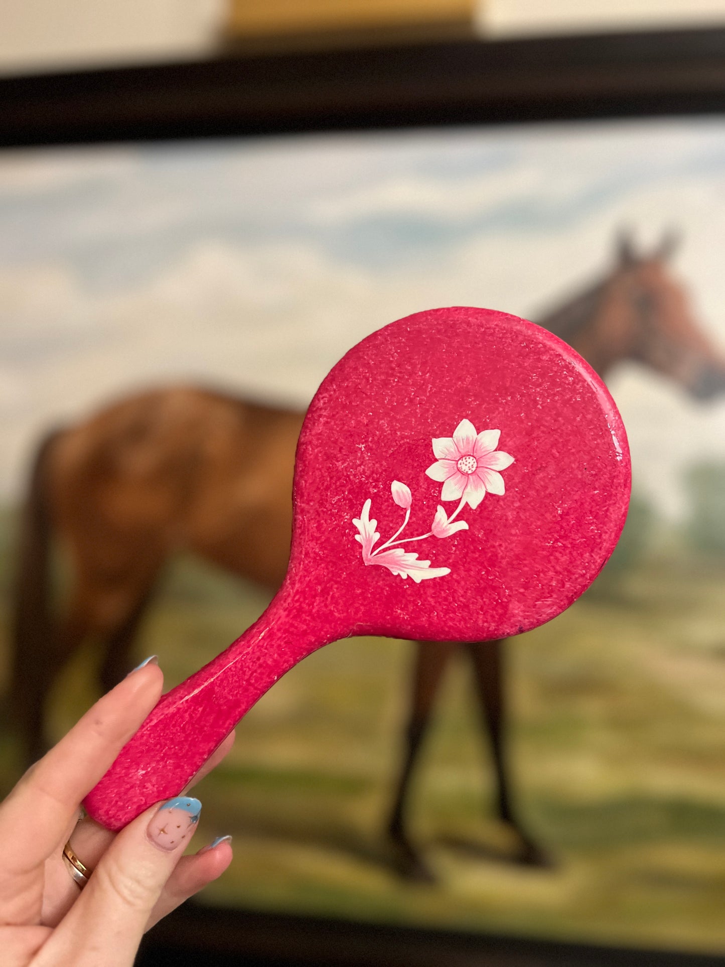 Pink Floral Wooden Handheld Mirror