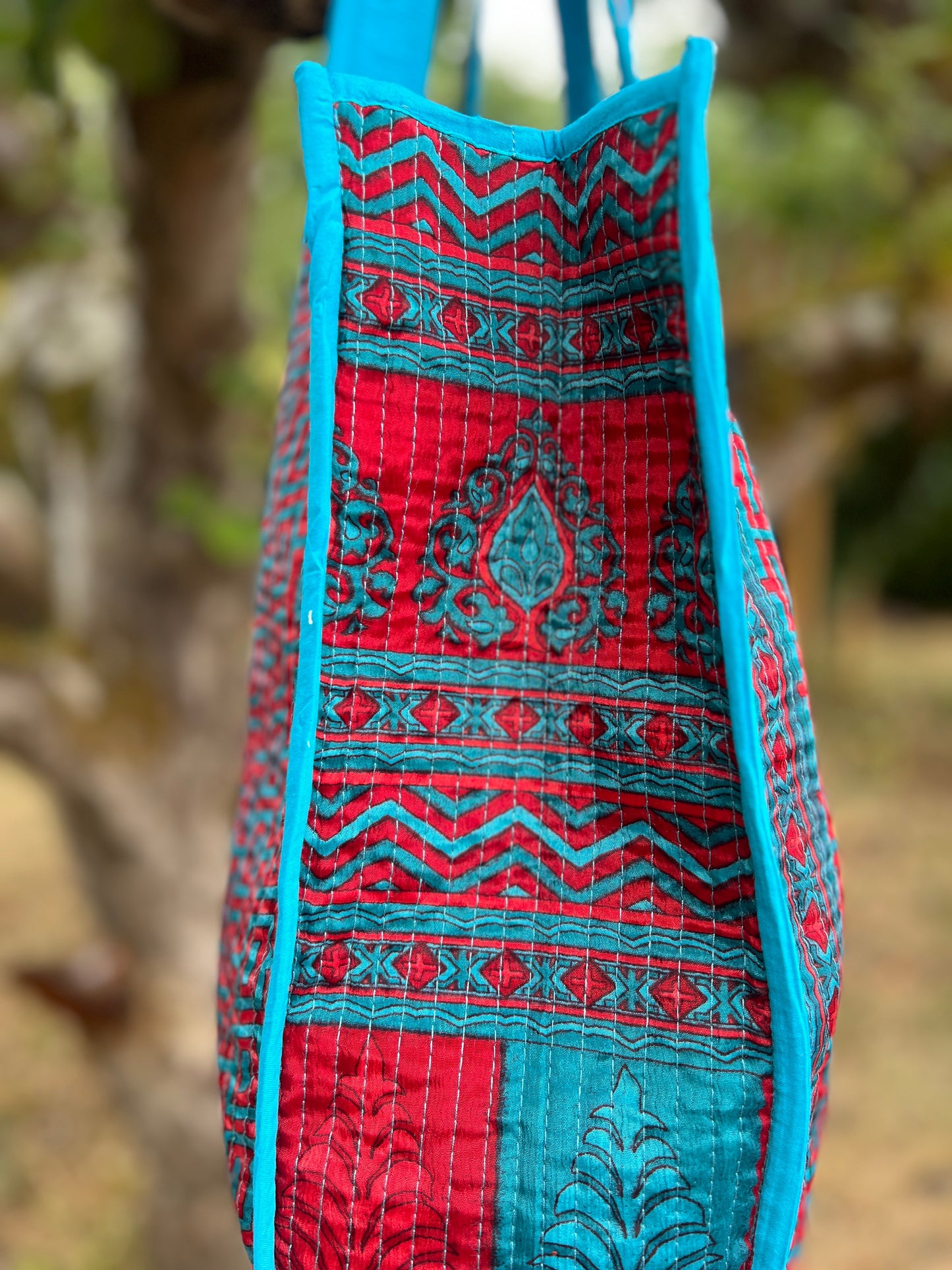 Geometric Red & Blue Silk Sari Tote