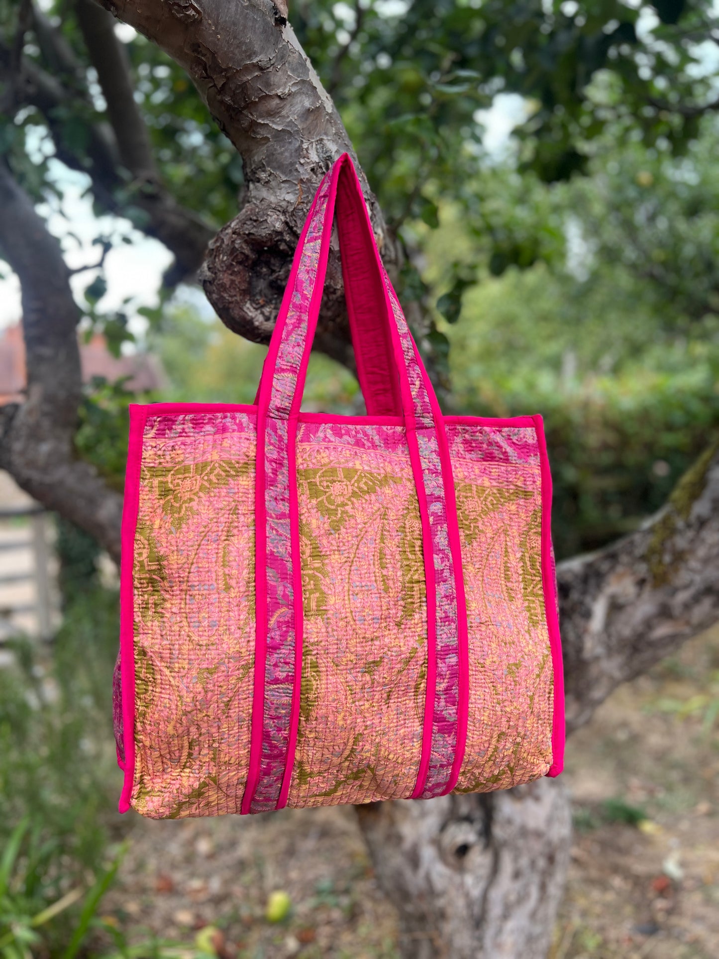 Pink and Green Silk Sari Tote