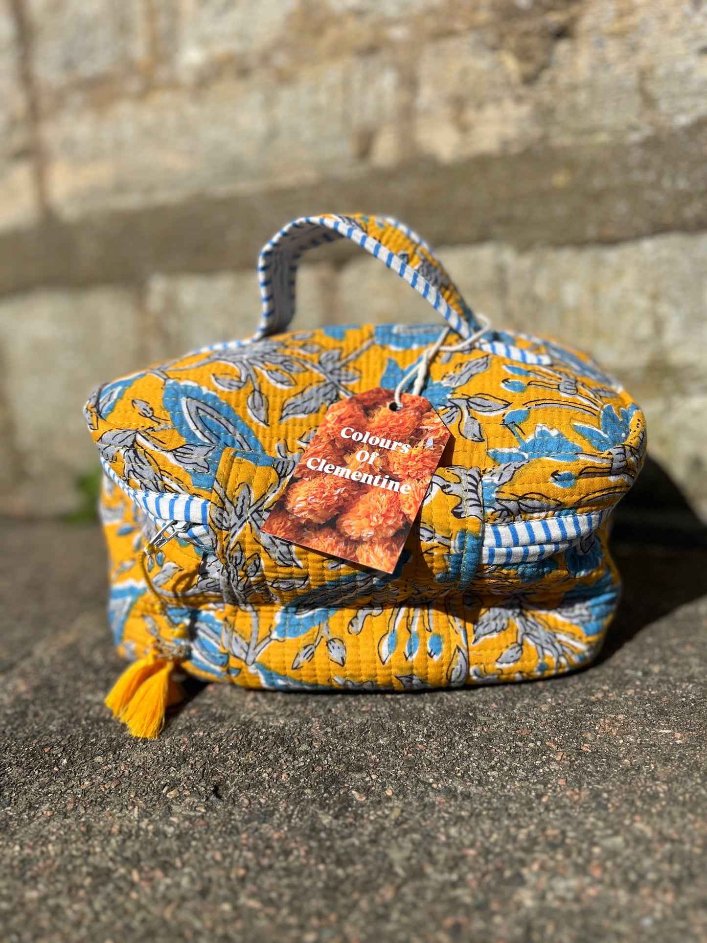 Yellow and Blue Block-Print Makeup Case