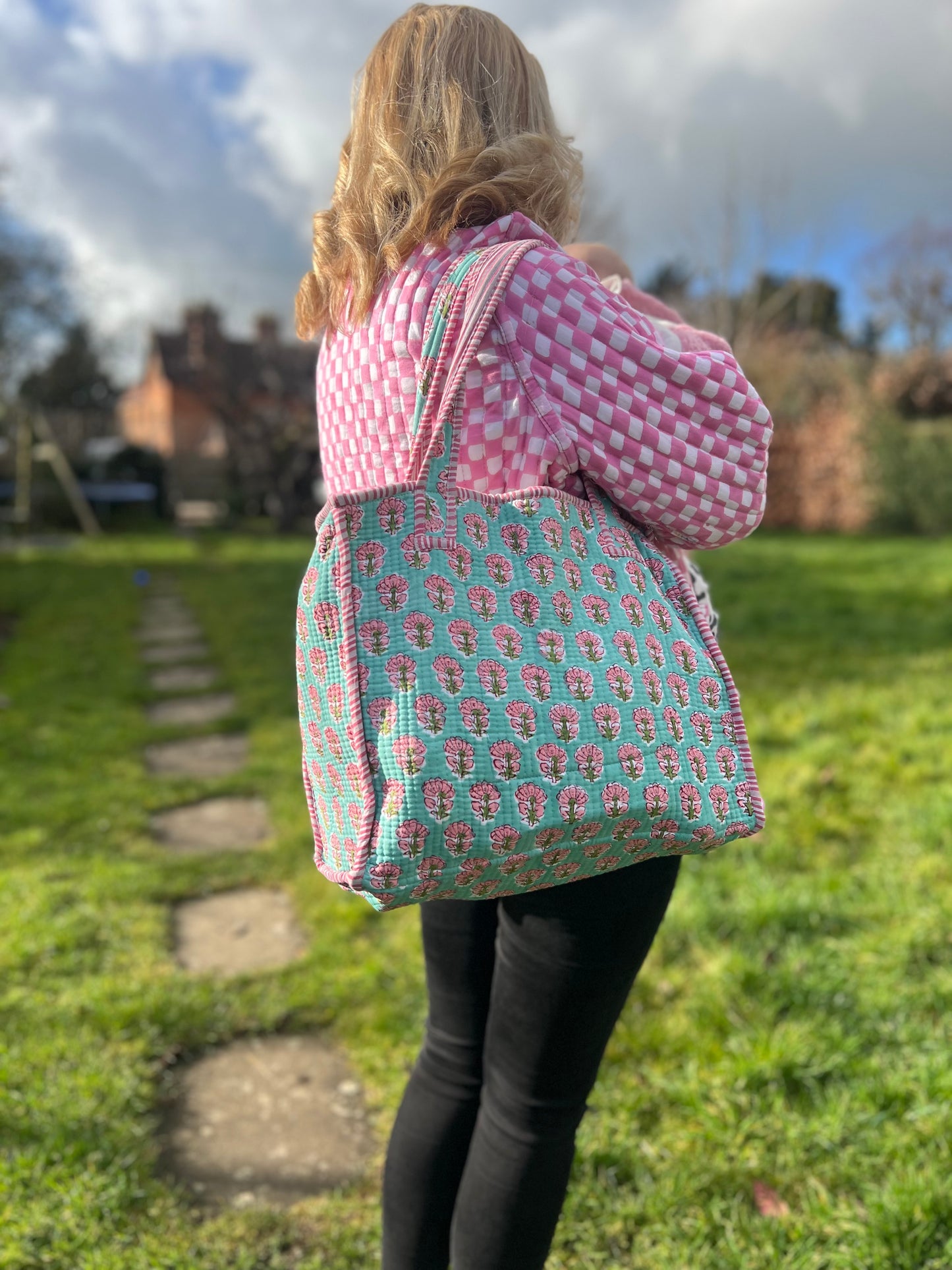 Turquoise with Pink Flowers Block Print Tote Bag