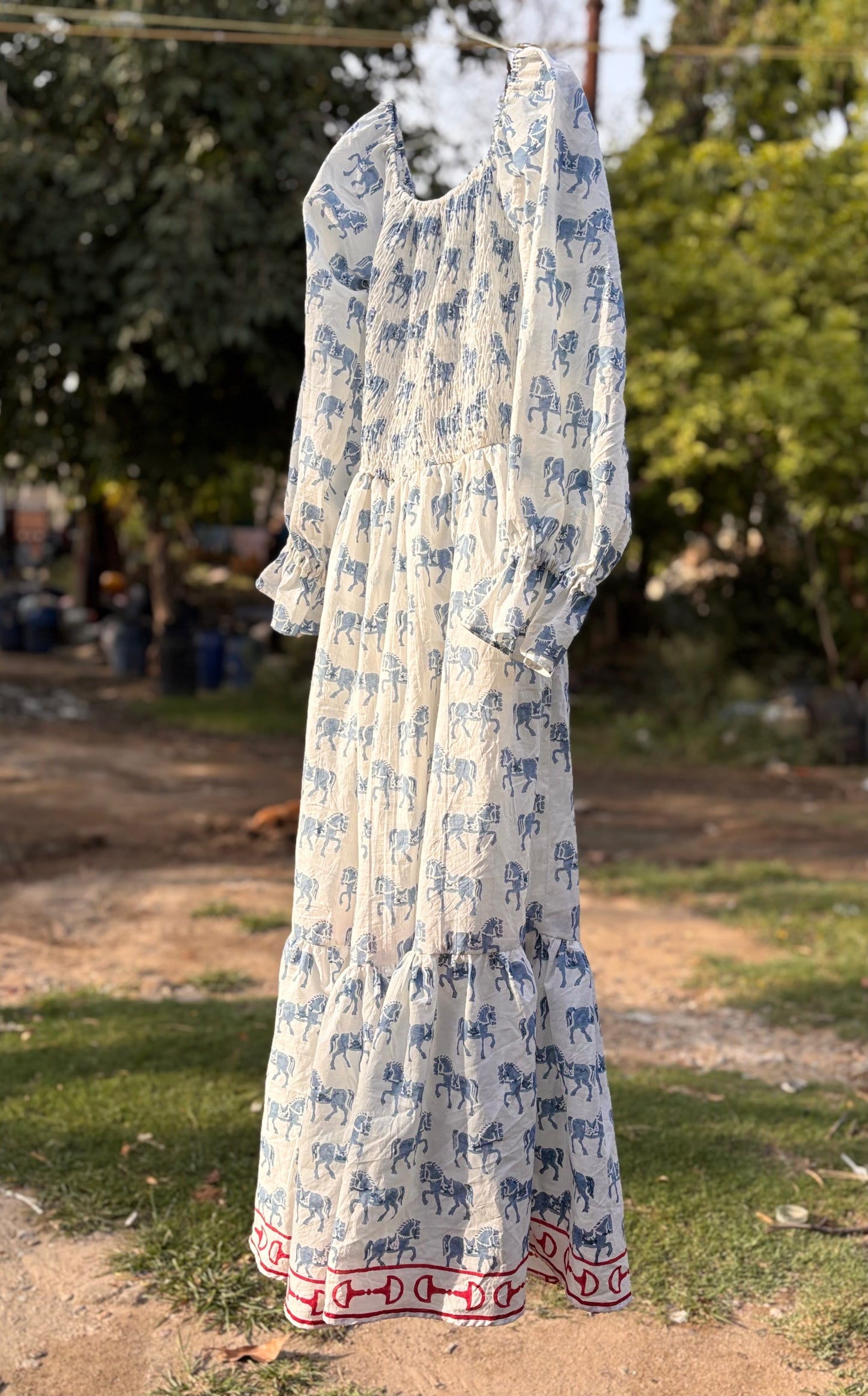 The “Atlas” Horse dress in French Blue and linen white