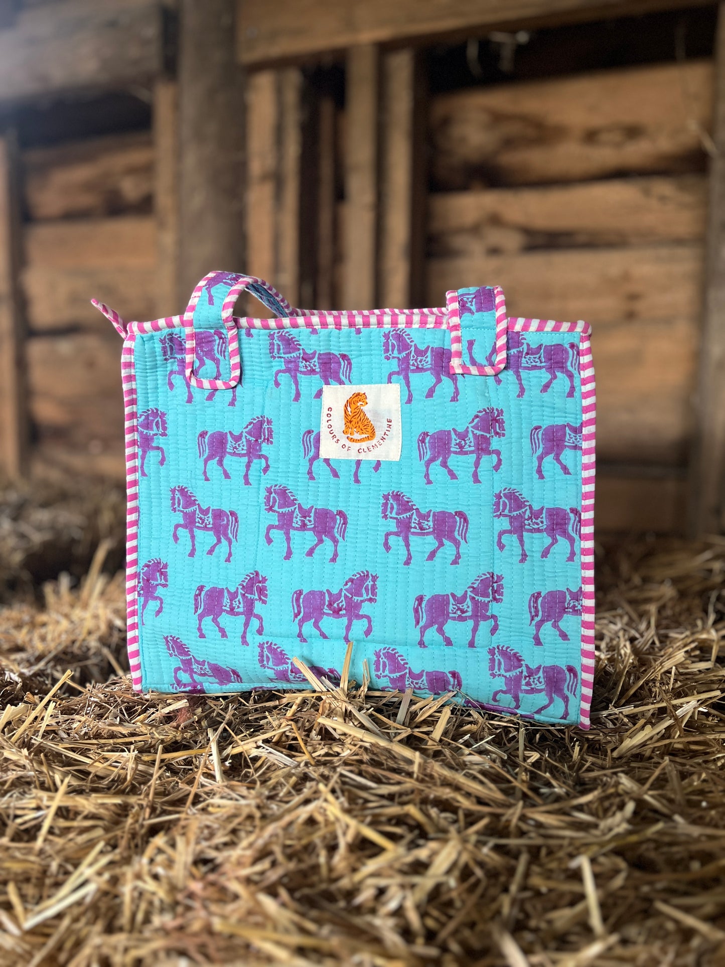 Blue and Pink Horse Equestrian Mini Tote