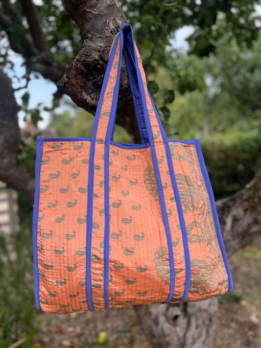 Turmeric and Blue Silk Sari Tote