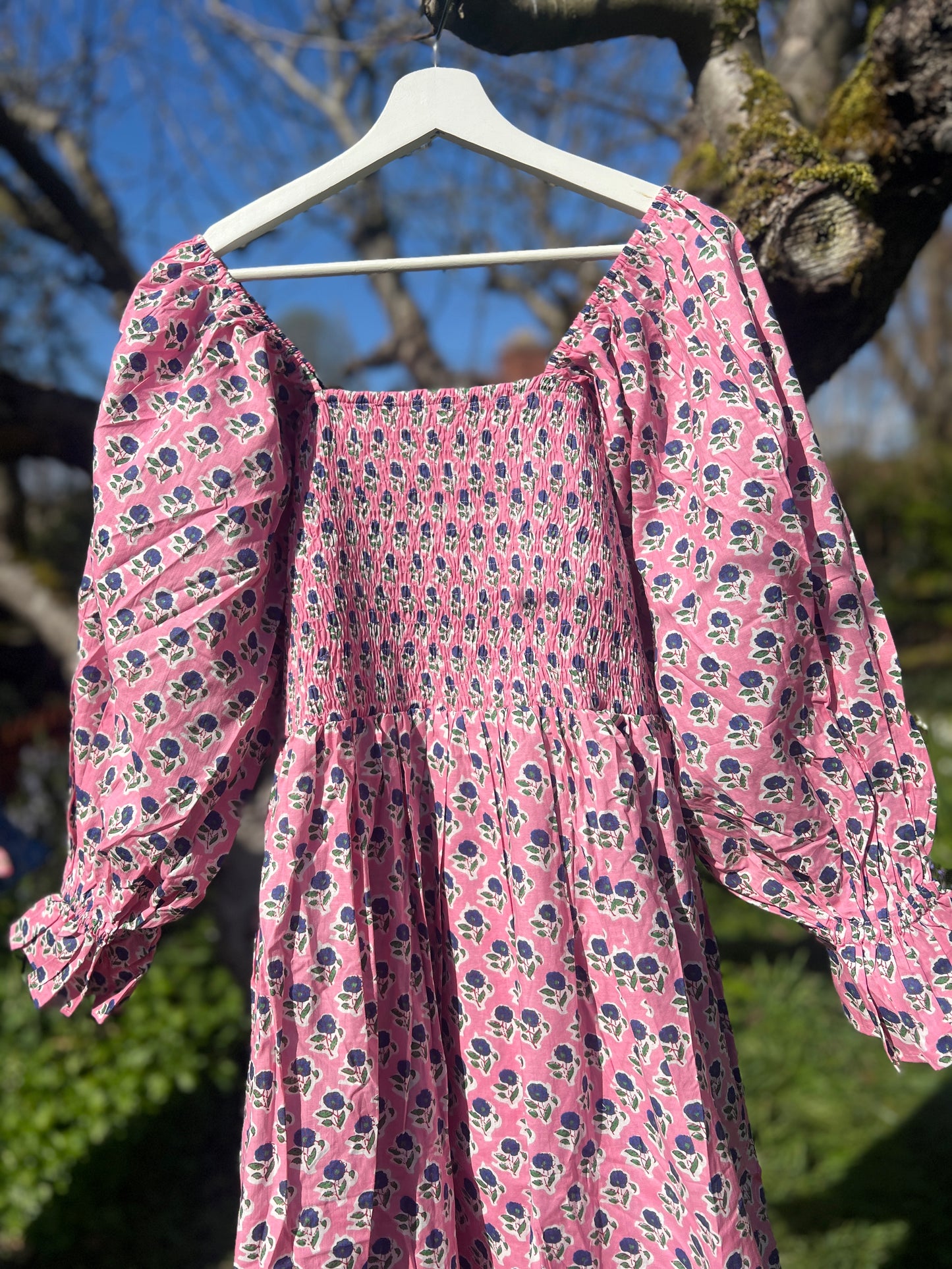 Pink Peony Block Print Cotton Summer Dress | Pink Floral Puff Sleeve Dress with Pockets