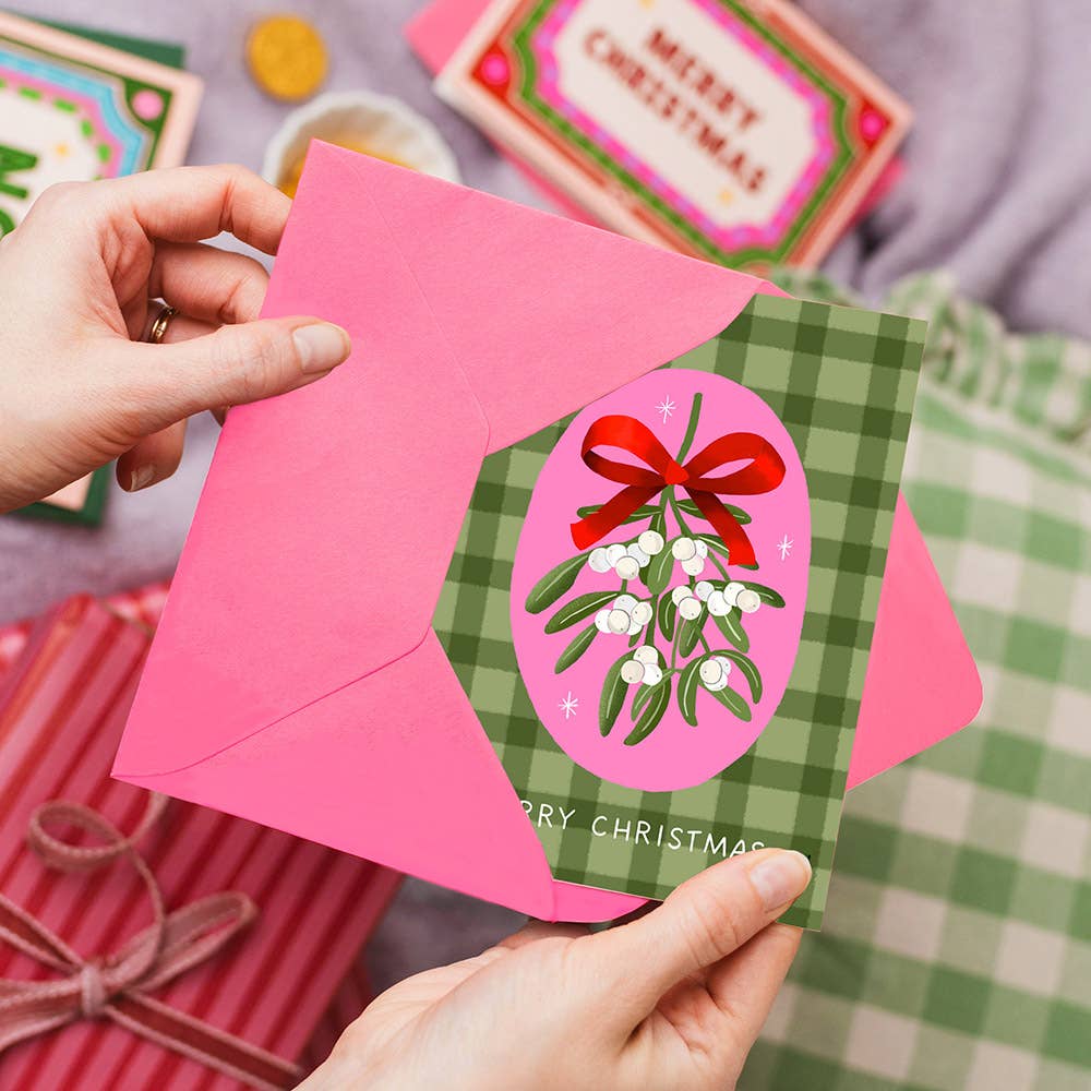 Mistletoe + Ribbon Christmas Card | Green Gingham
