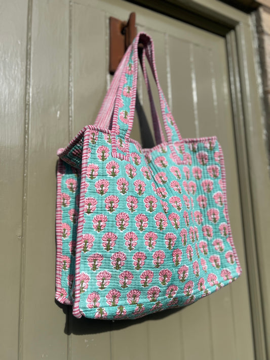 Turquoise with Pink Flowers Block Print Tote Bag