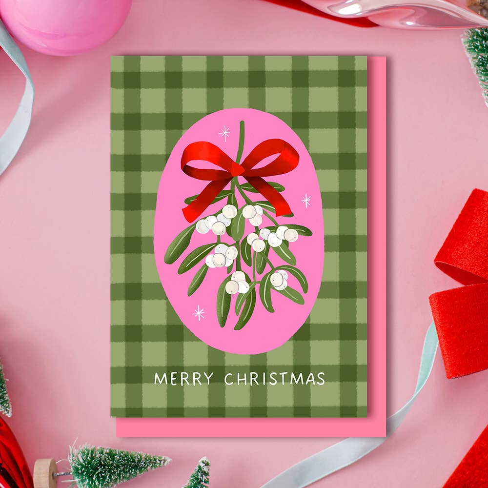 Mistletoe + Ribbon Christmas Card | Green Gingham