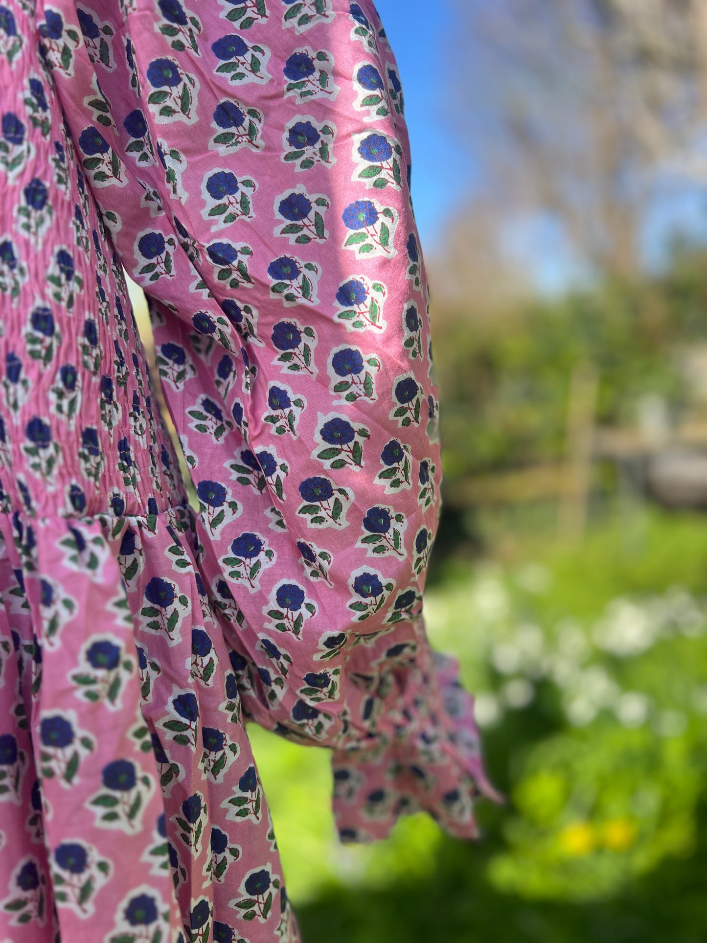 Pink Peony Block Print Cotton Summer Dress | Pink Floral Puff Sleeve Dress with Pockets