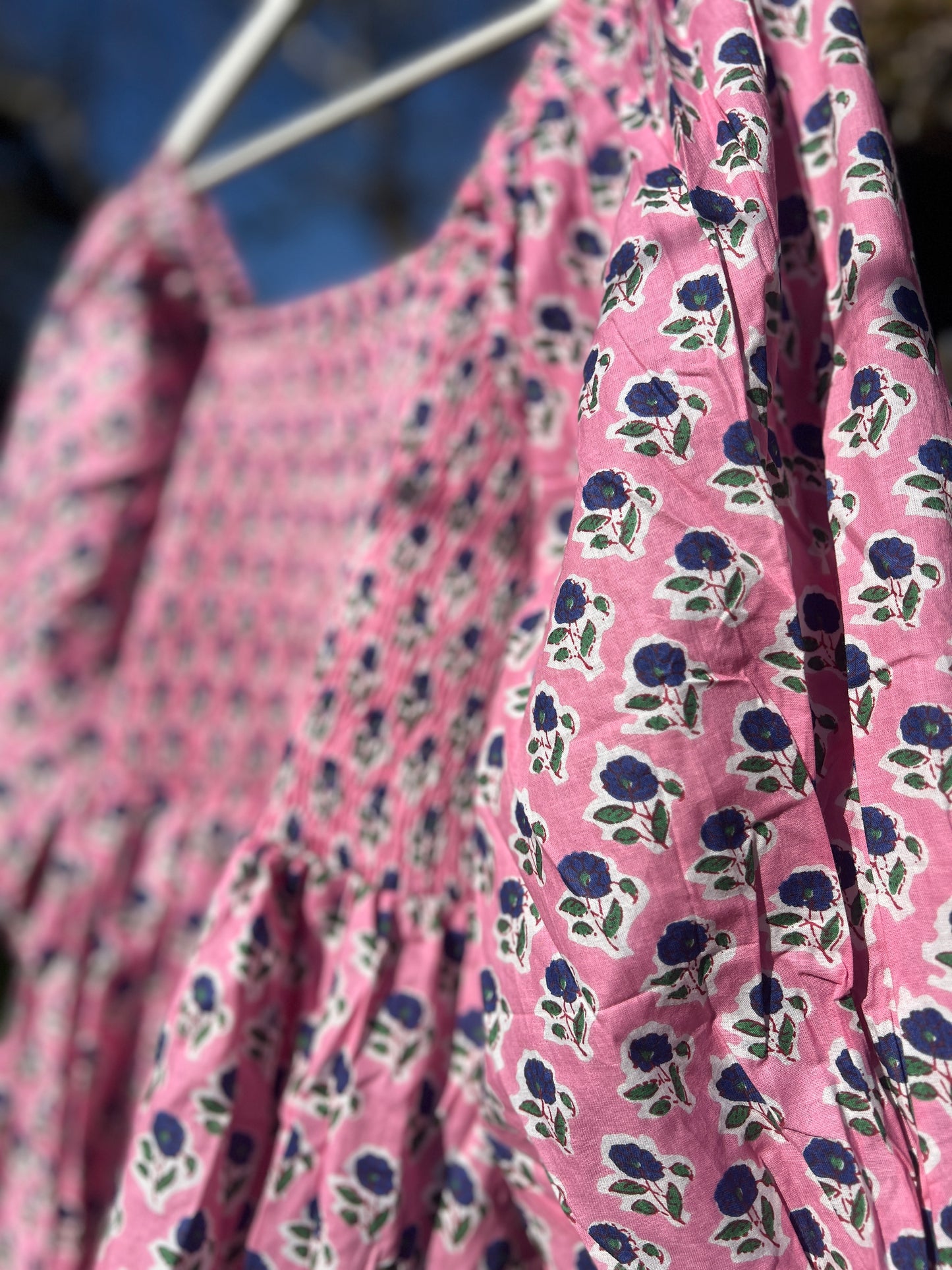 Pink Peony Block Print Cotton Summer Dress | Pink Floral Puff Sleeve Dress with Pockets