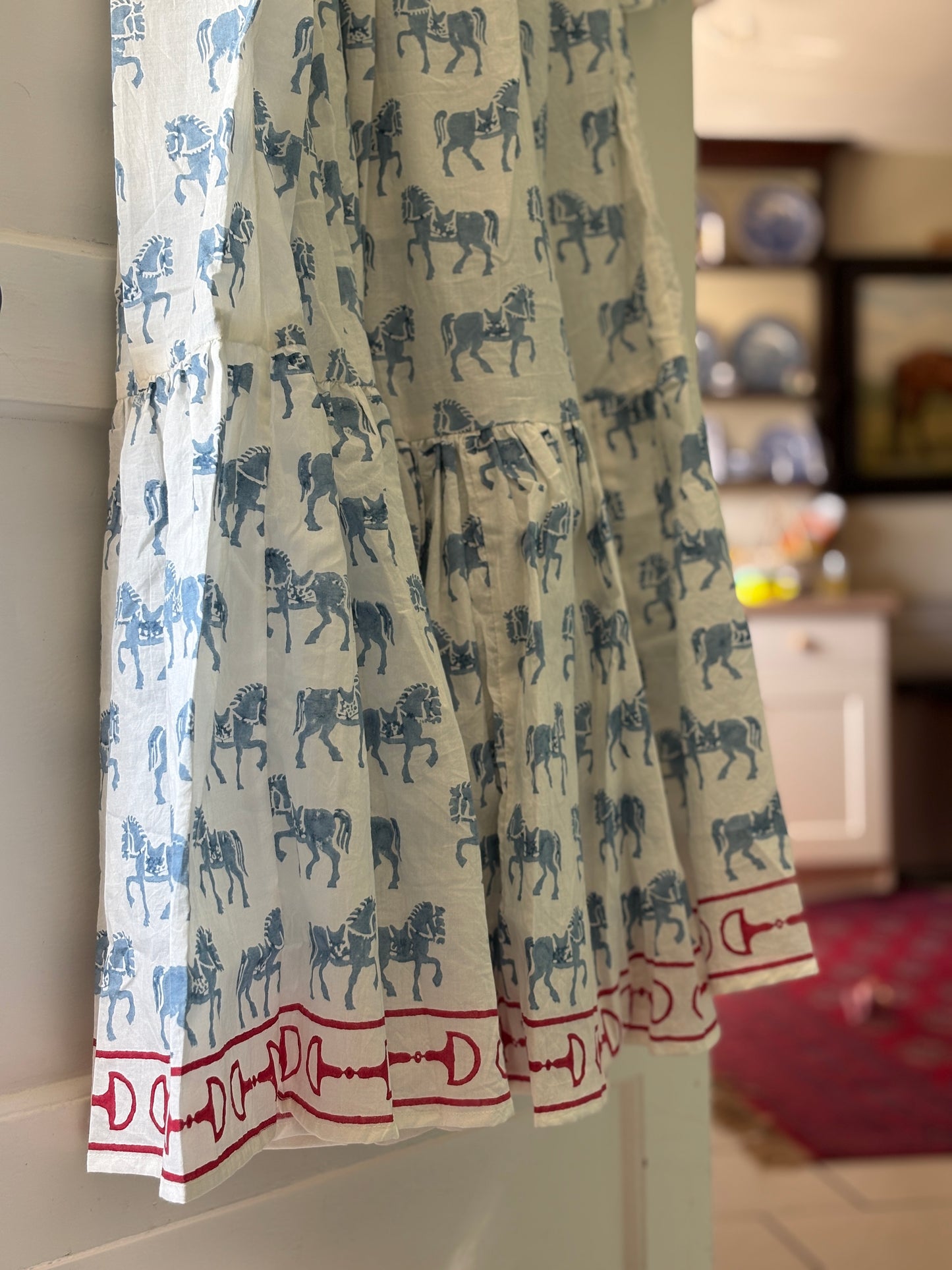 The “Atlas” Horse dress in French Blue and linen white