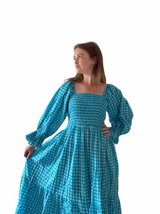 French Blue Gingham Cotton Dress