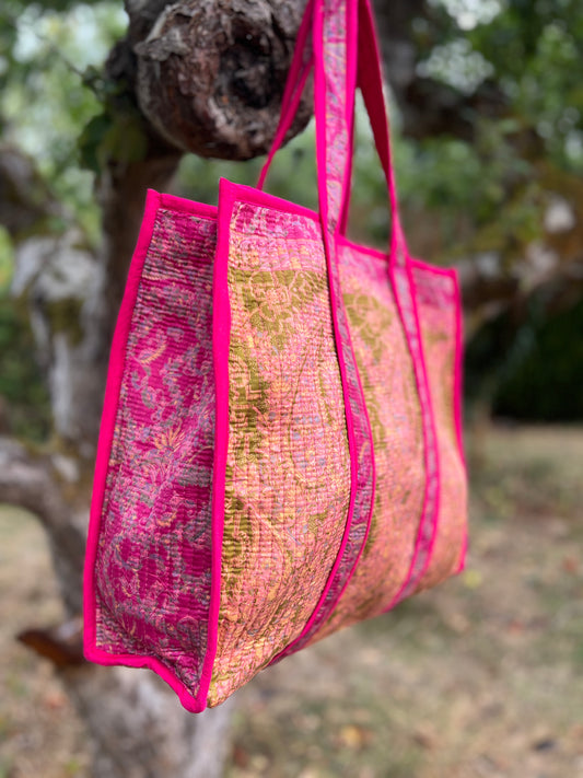 Pink and Green Silk Sari Tote