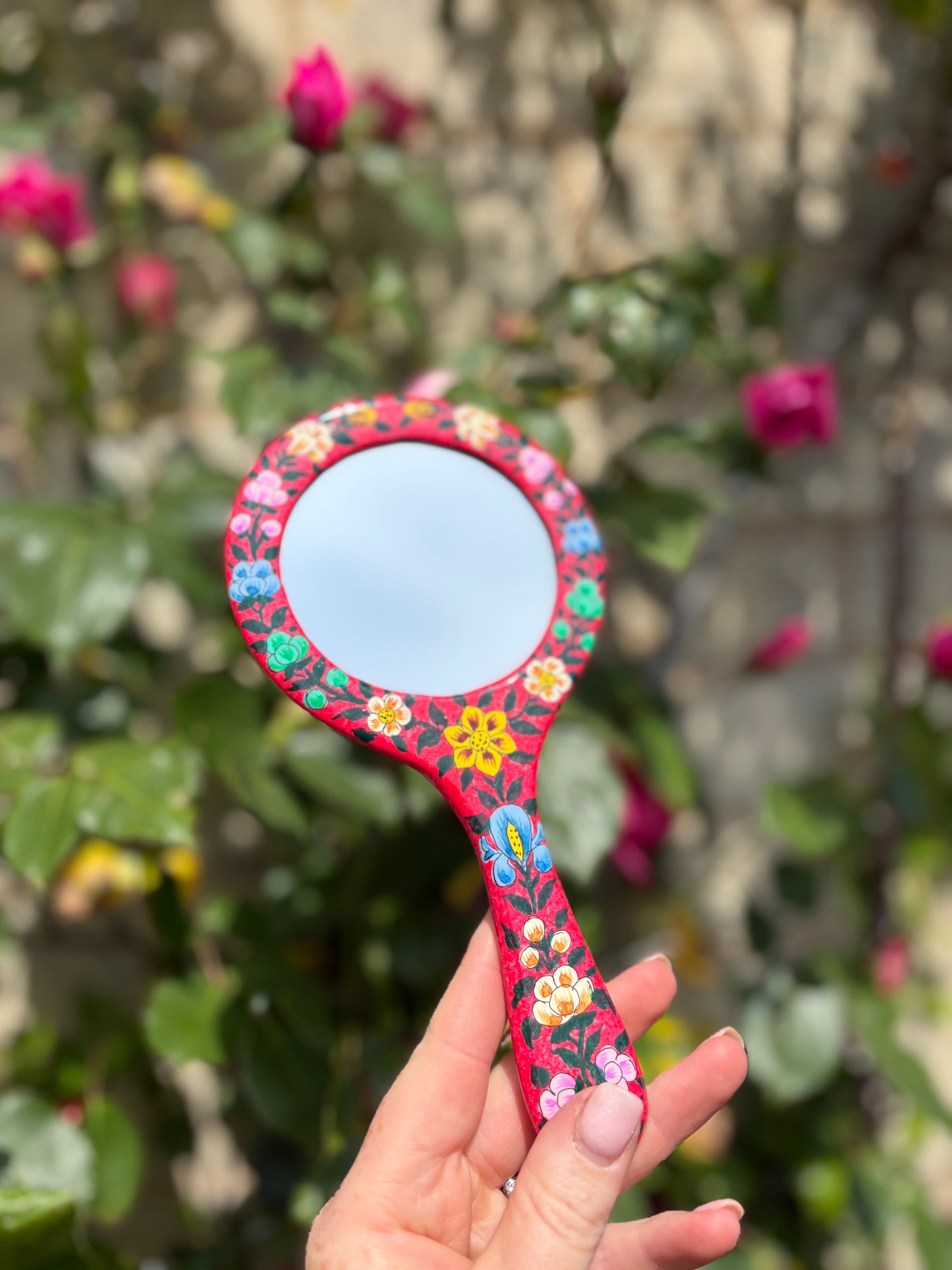 Pink Floral Wooden Handheld Mirror