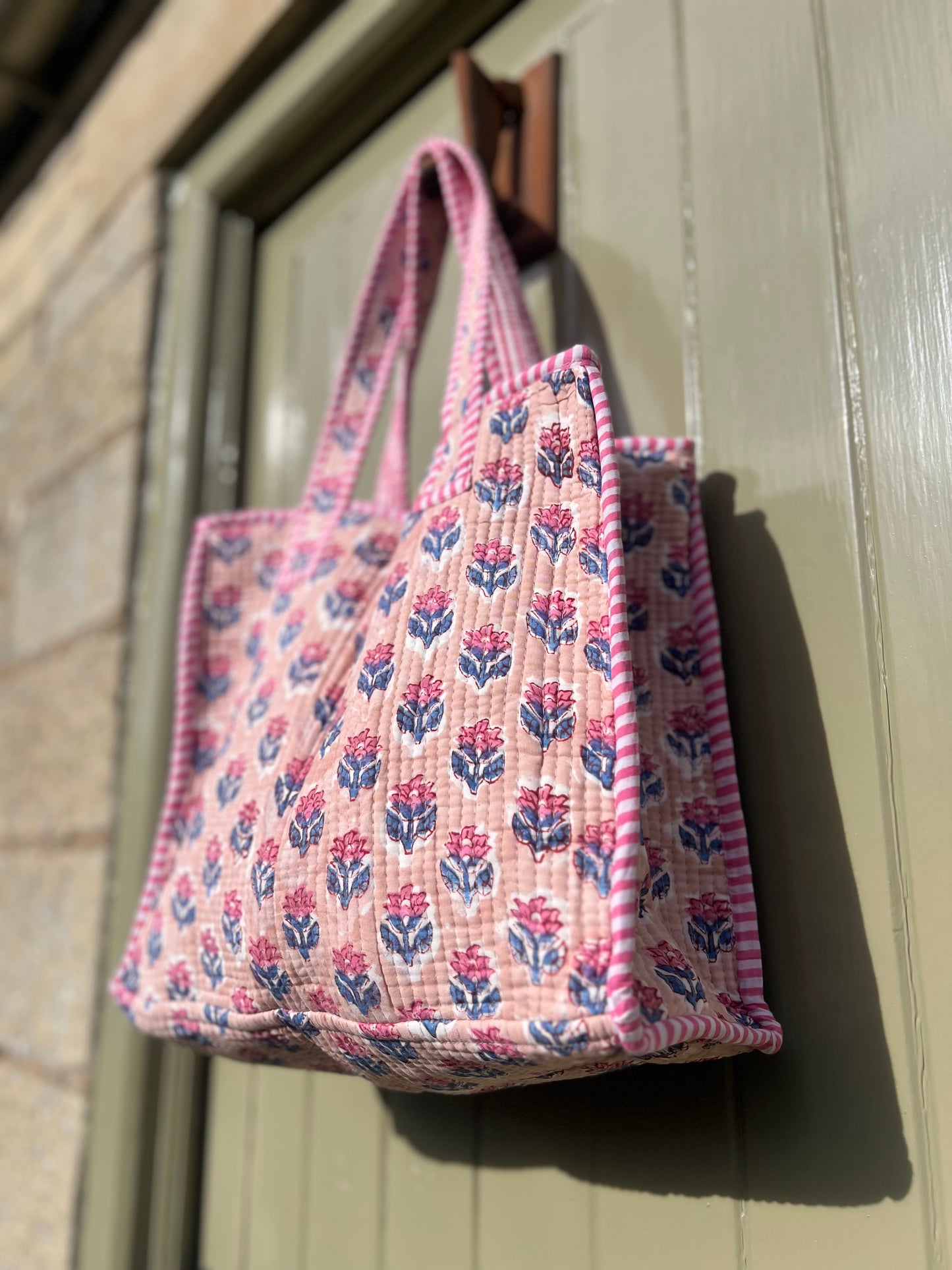 Peach and Pink Flower block print tote bag