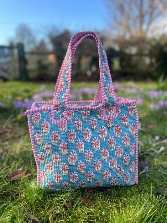 Aqua Blue with flowers block print tote bag