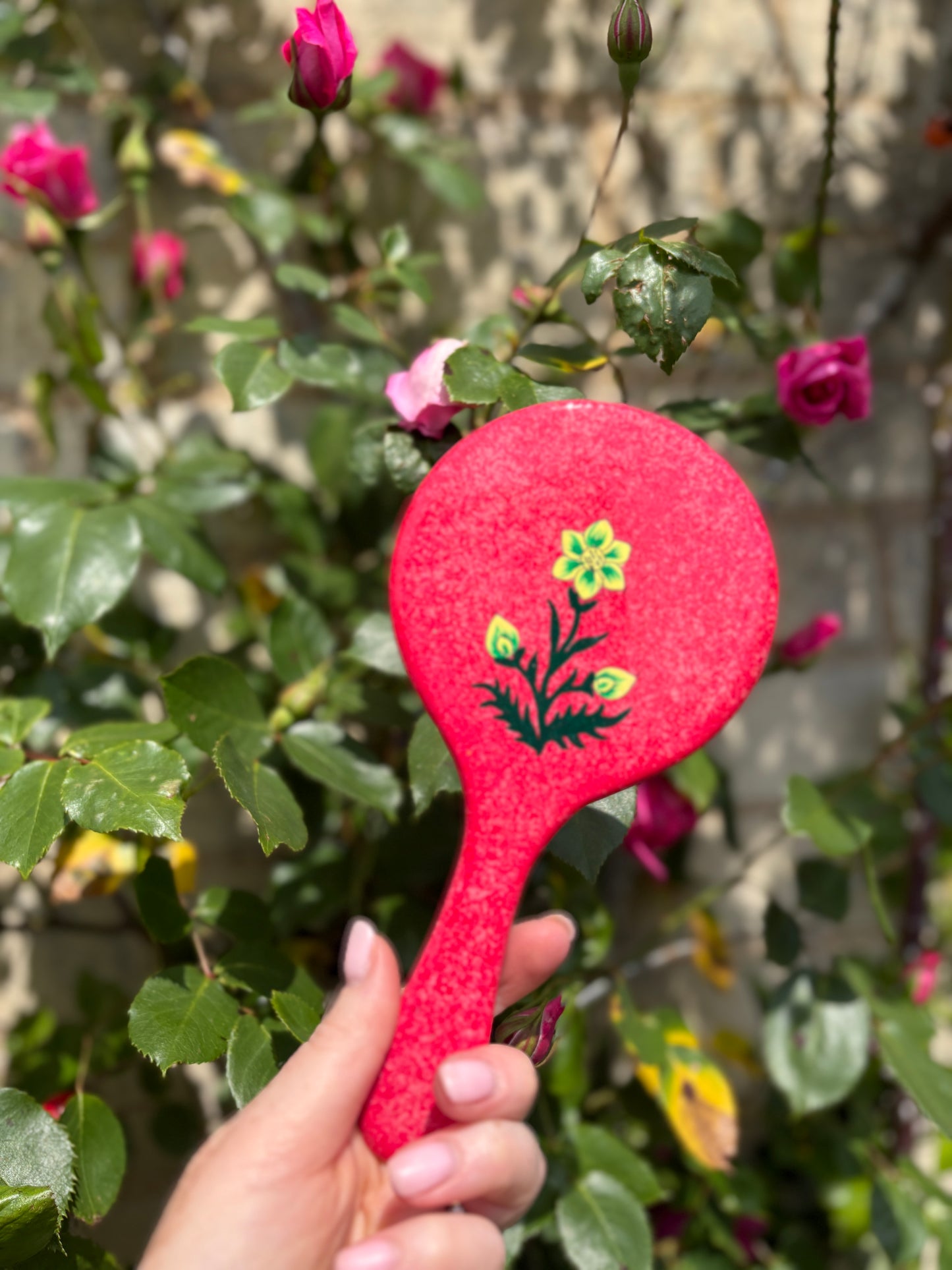 Pink Floral Wooden Handheld Mirror