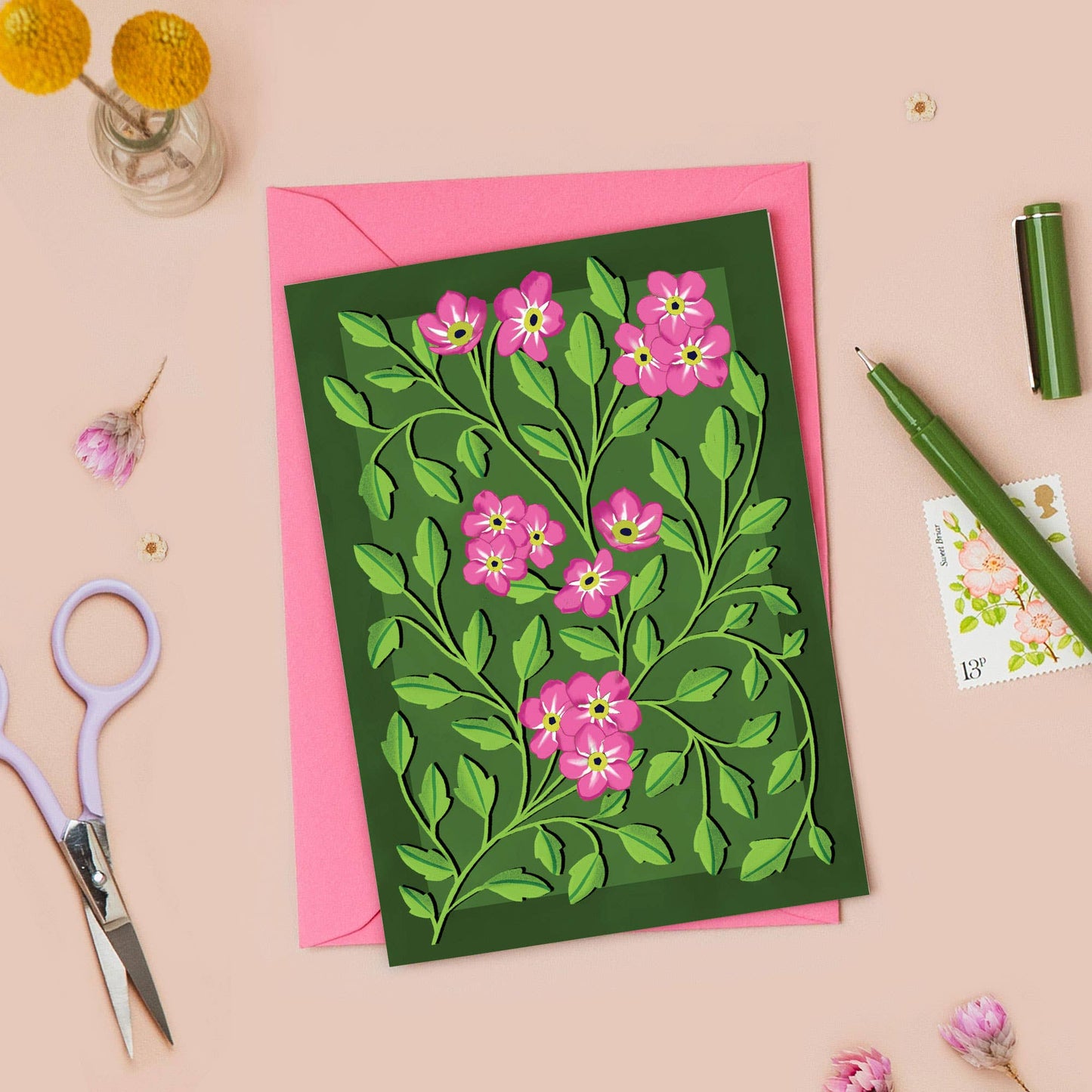 Botanical Pink and Green Card  | Just Because, Any Occasion