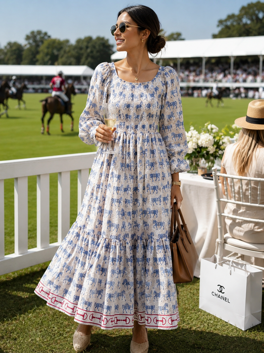 The “Atlas” Horse dress in French Blue and linen white