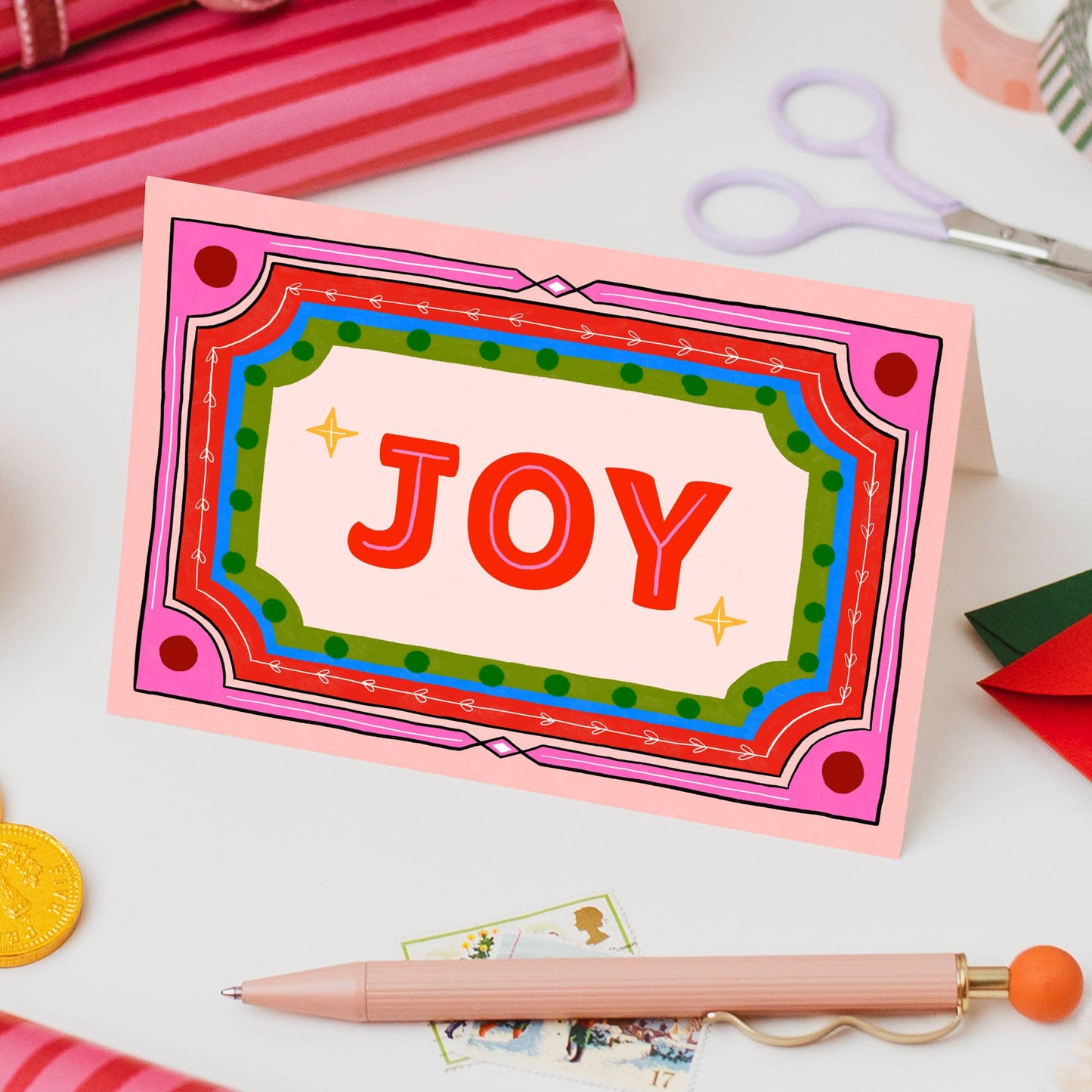 "Joy" Christmas Card | Colourful Frame Illustration