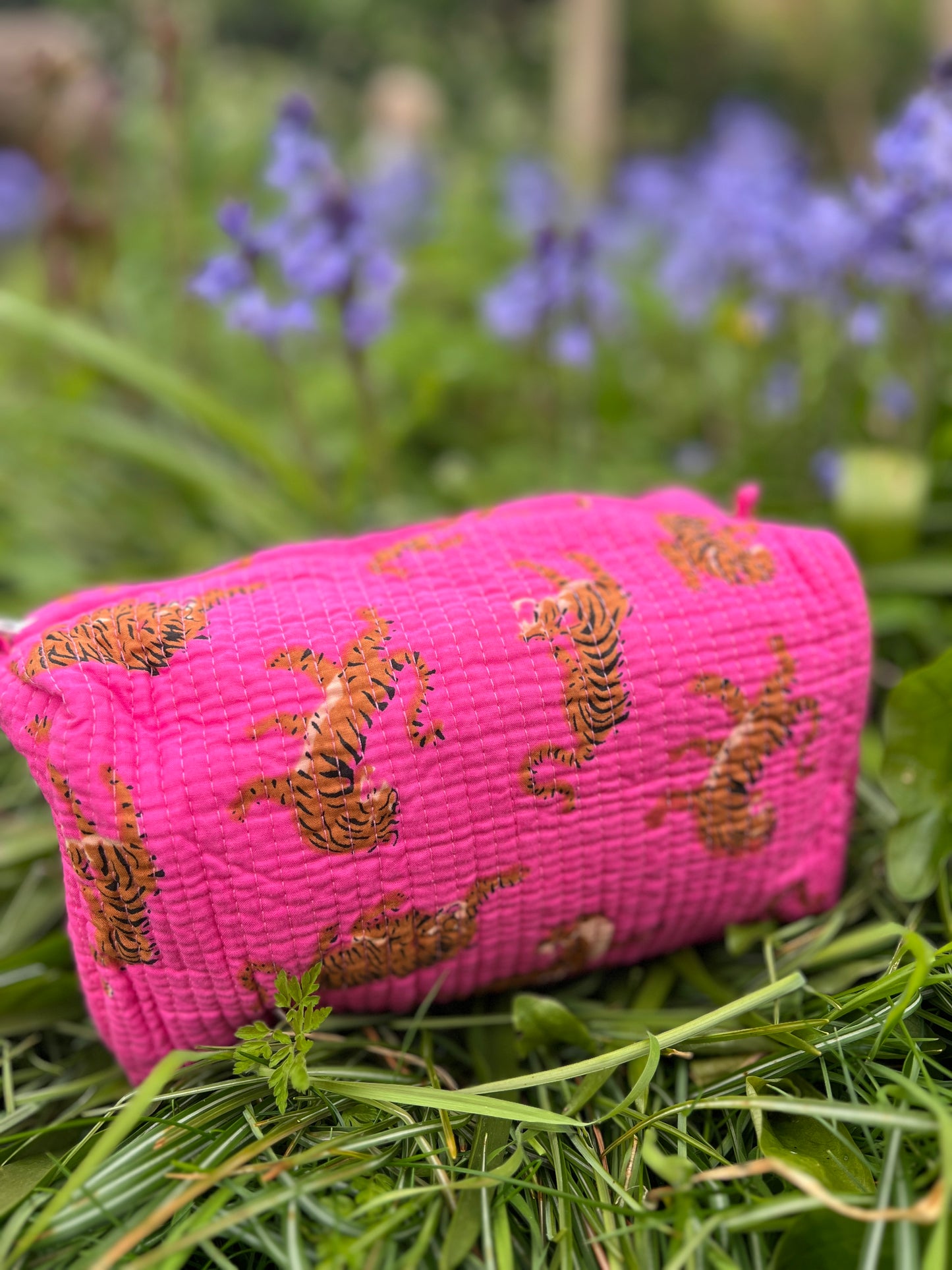 Bright Pink Tiger Blockprint Washbag
