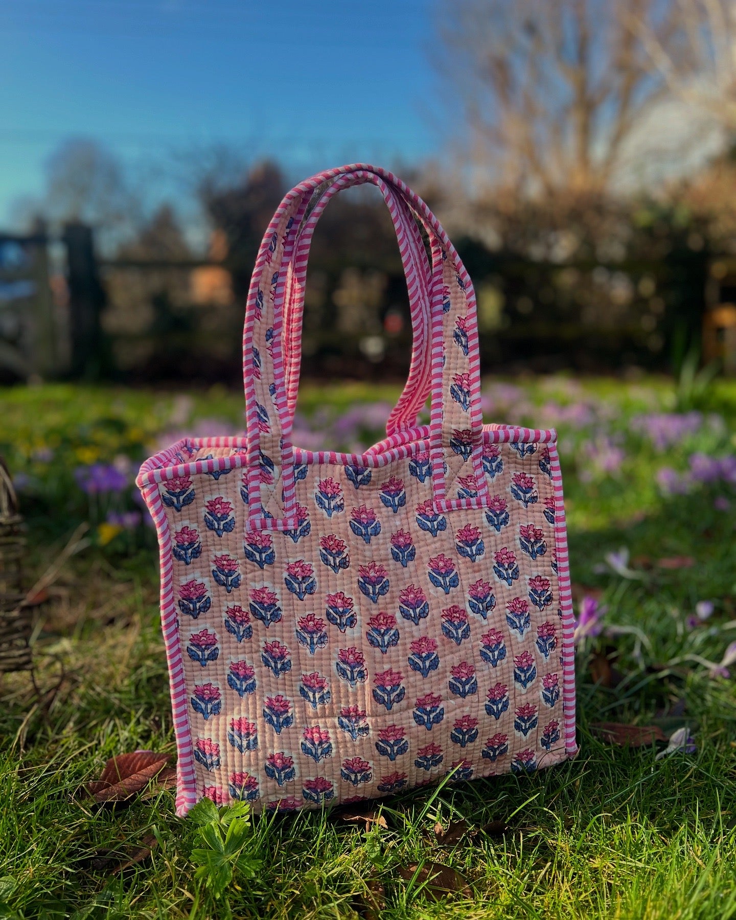 Peach and Pink Flower block print tote bag