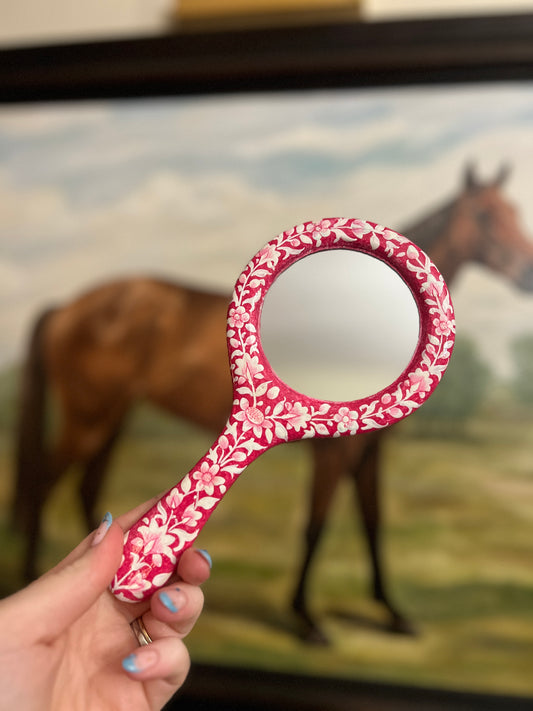 Pink Floral Wooden Handheld Mirror