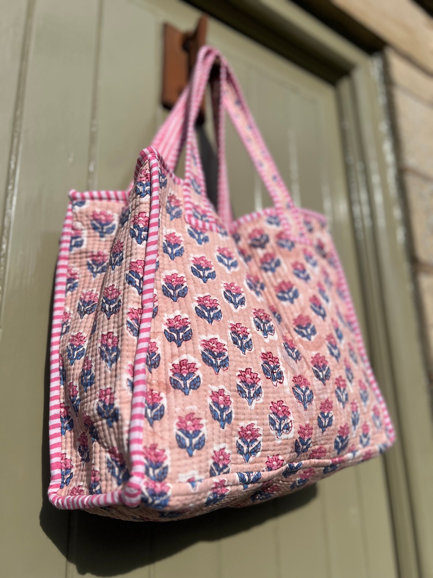 Peach and Pink Flower block print tote bag