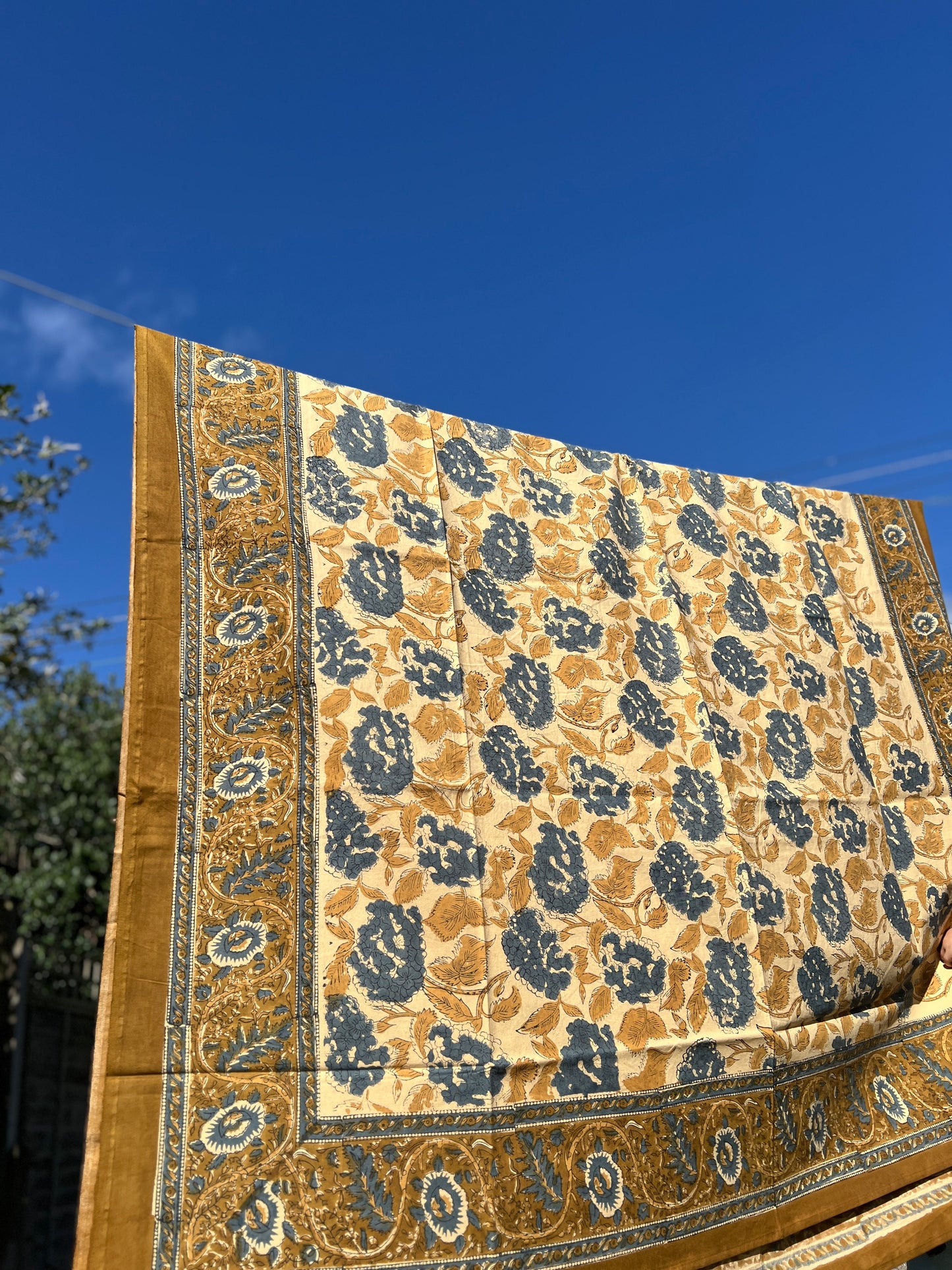 Turmeric and Navy Hydrangea Block-print Table Cloth