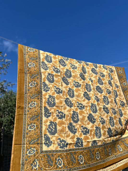 Turmeric and Navy Hydrangea Block-print Table Cloth