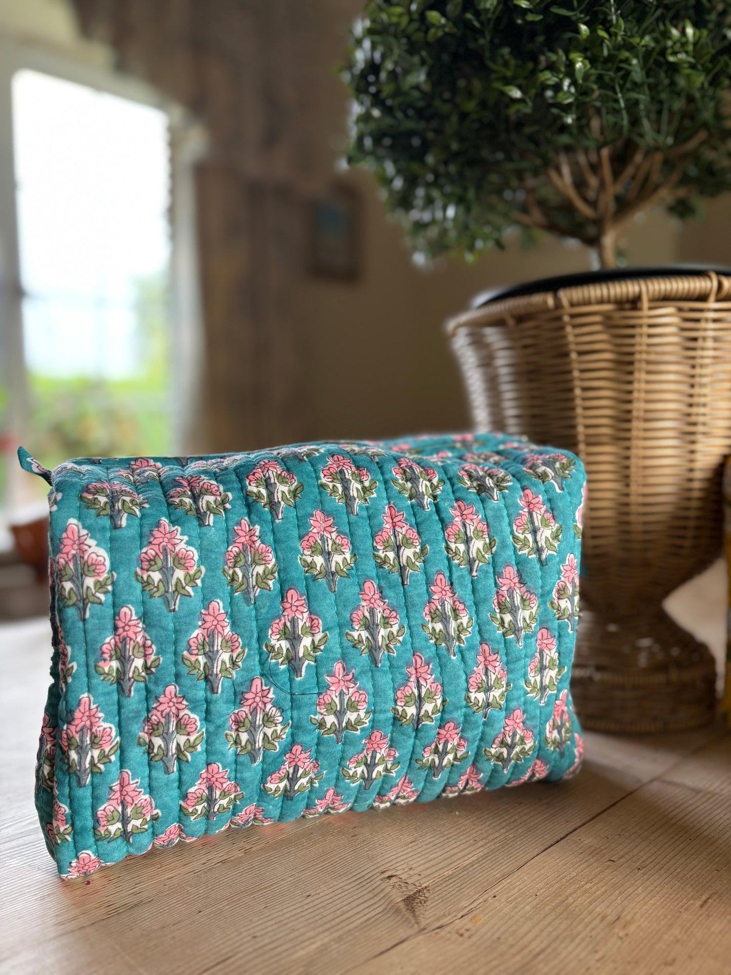 Summer Teal Blockprint Travel Washbag
