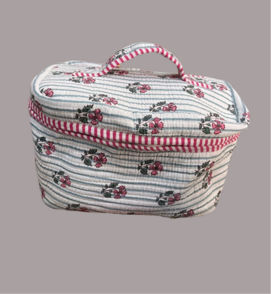 Pink and Blue Stripe Block Print Makeup Case