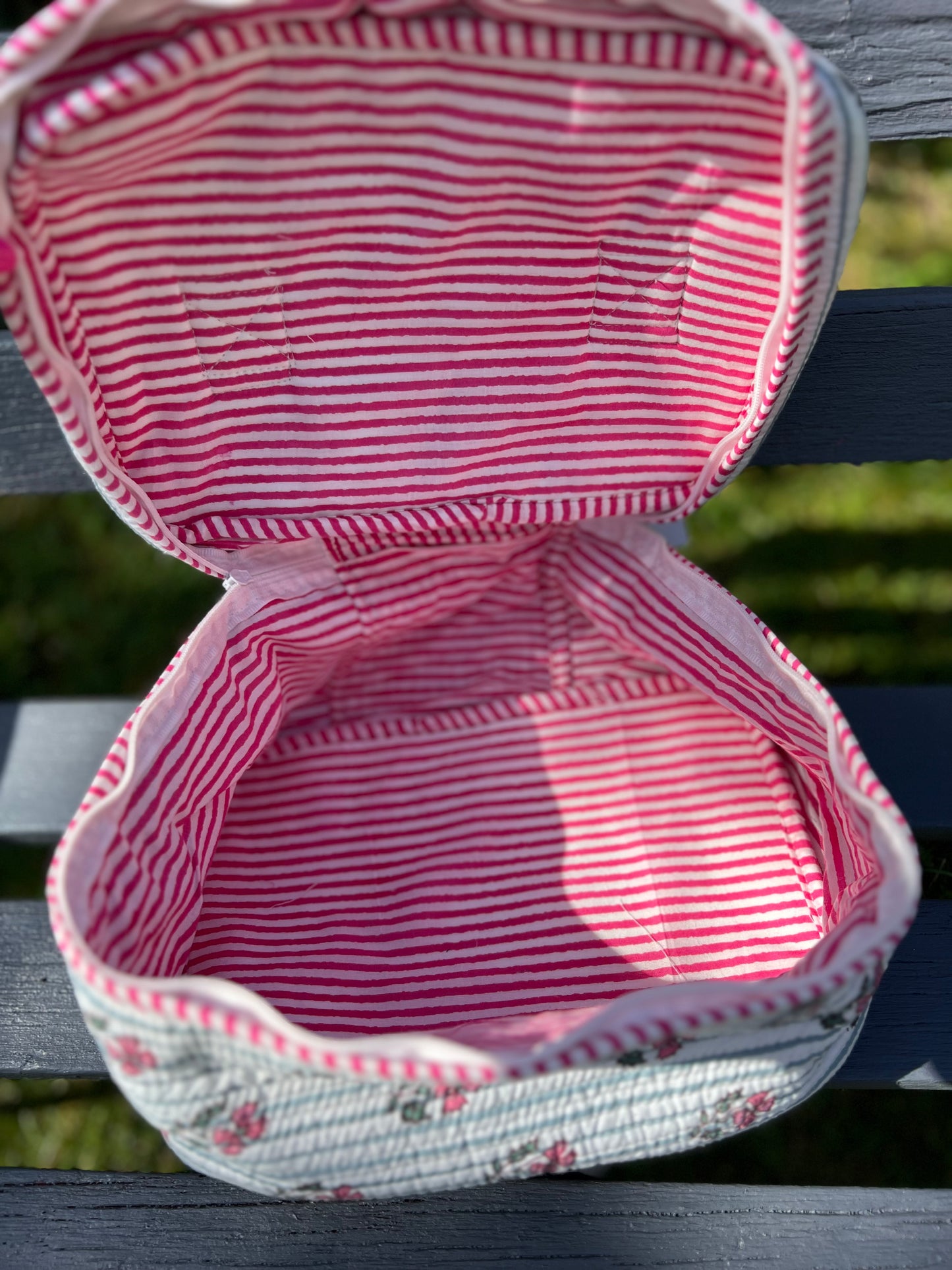 Pink and Blue Stripe Block Print Makeup Case