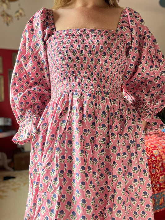 Pink Peony Block Print Cotton Summer Dress | Pink Floral Puff Sleeve Dress with Pockets